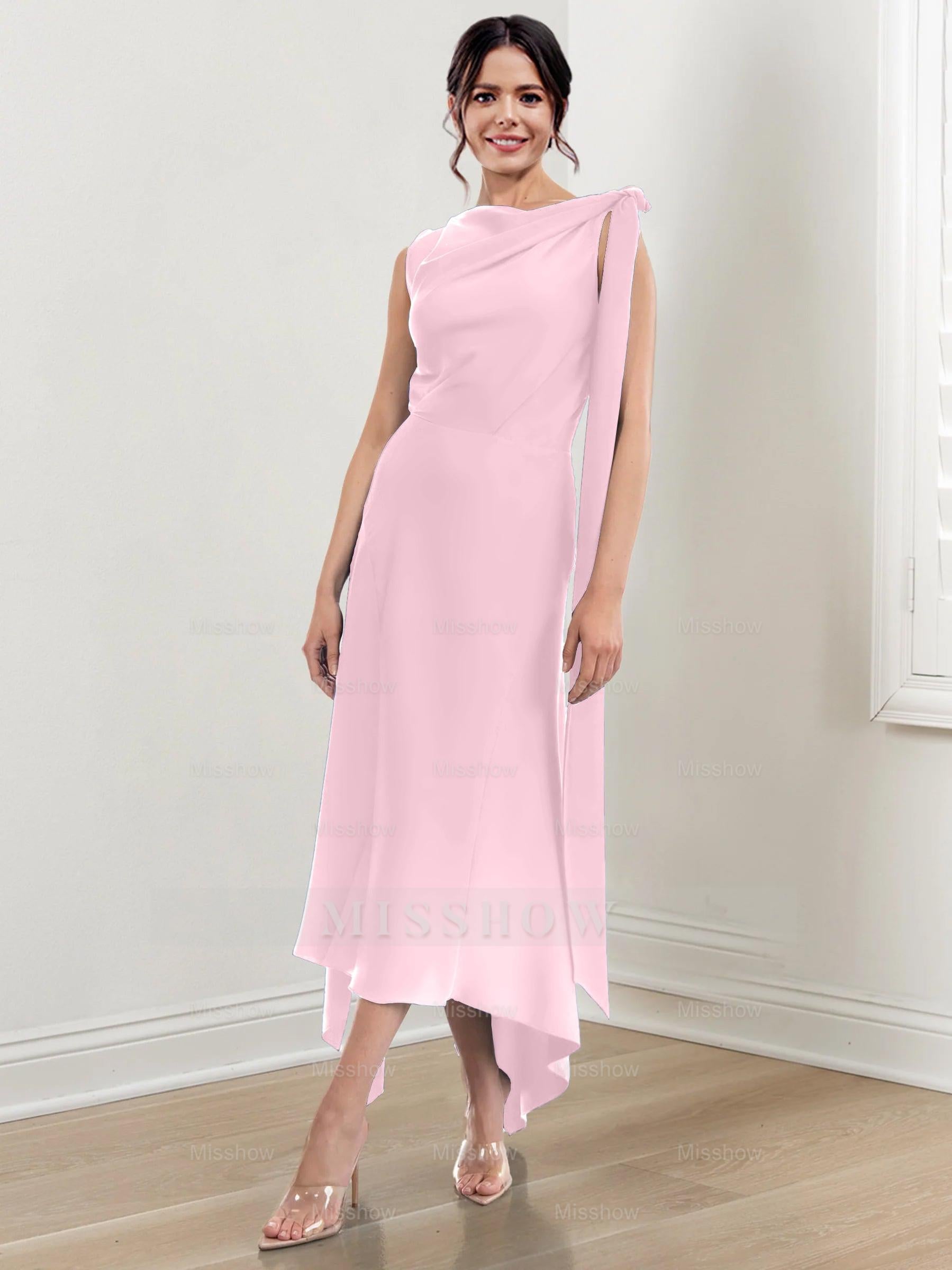 Asymmetrical Tea-Length Mother of the Bride Sheath Dress with Ruched Column Jewel Neck
