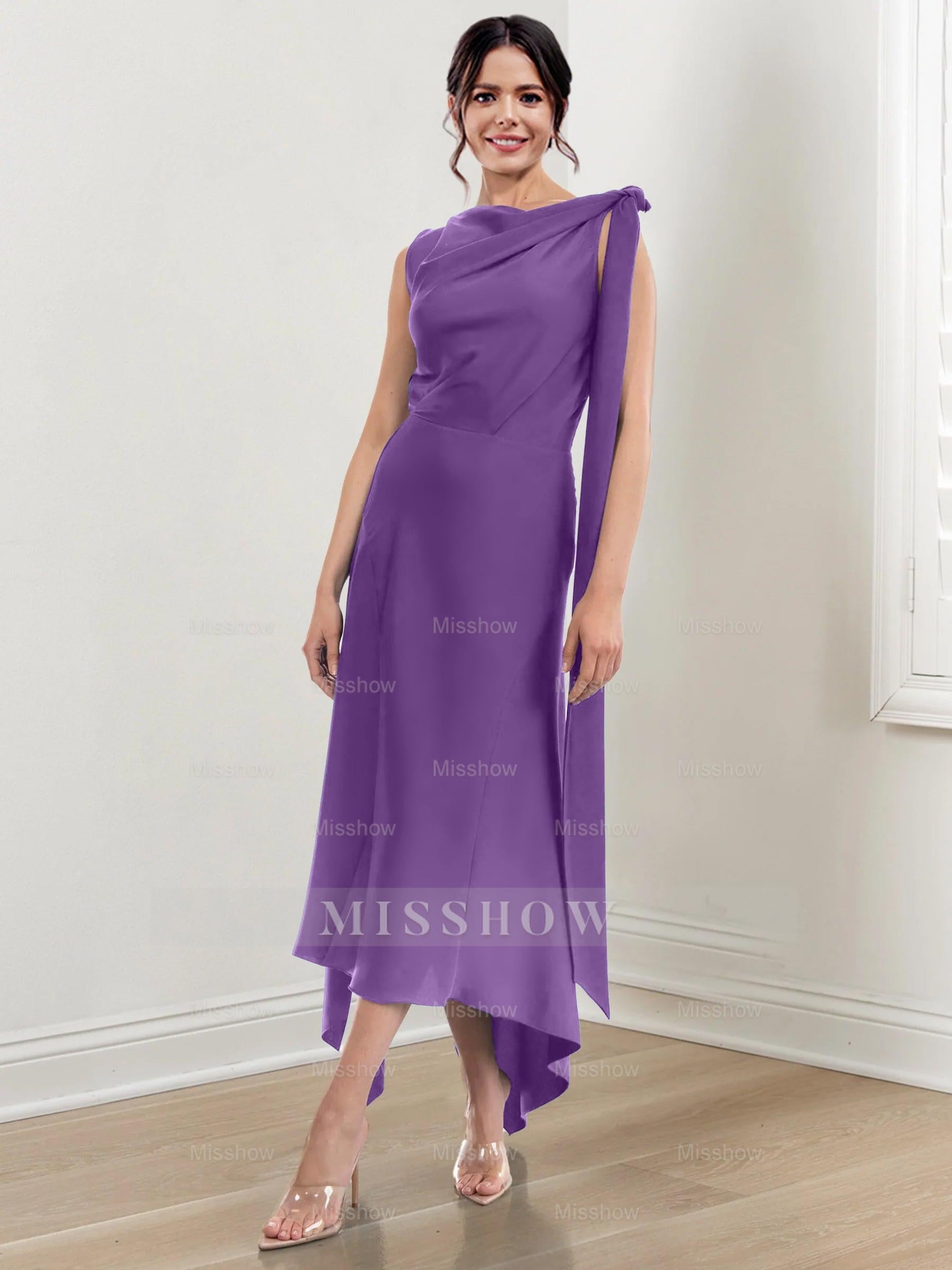 Asymmetrical Tea-Length Mother of the Bride Sheath Dress with Ruched Column Jewel Neck
