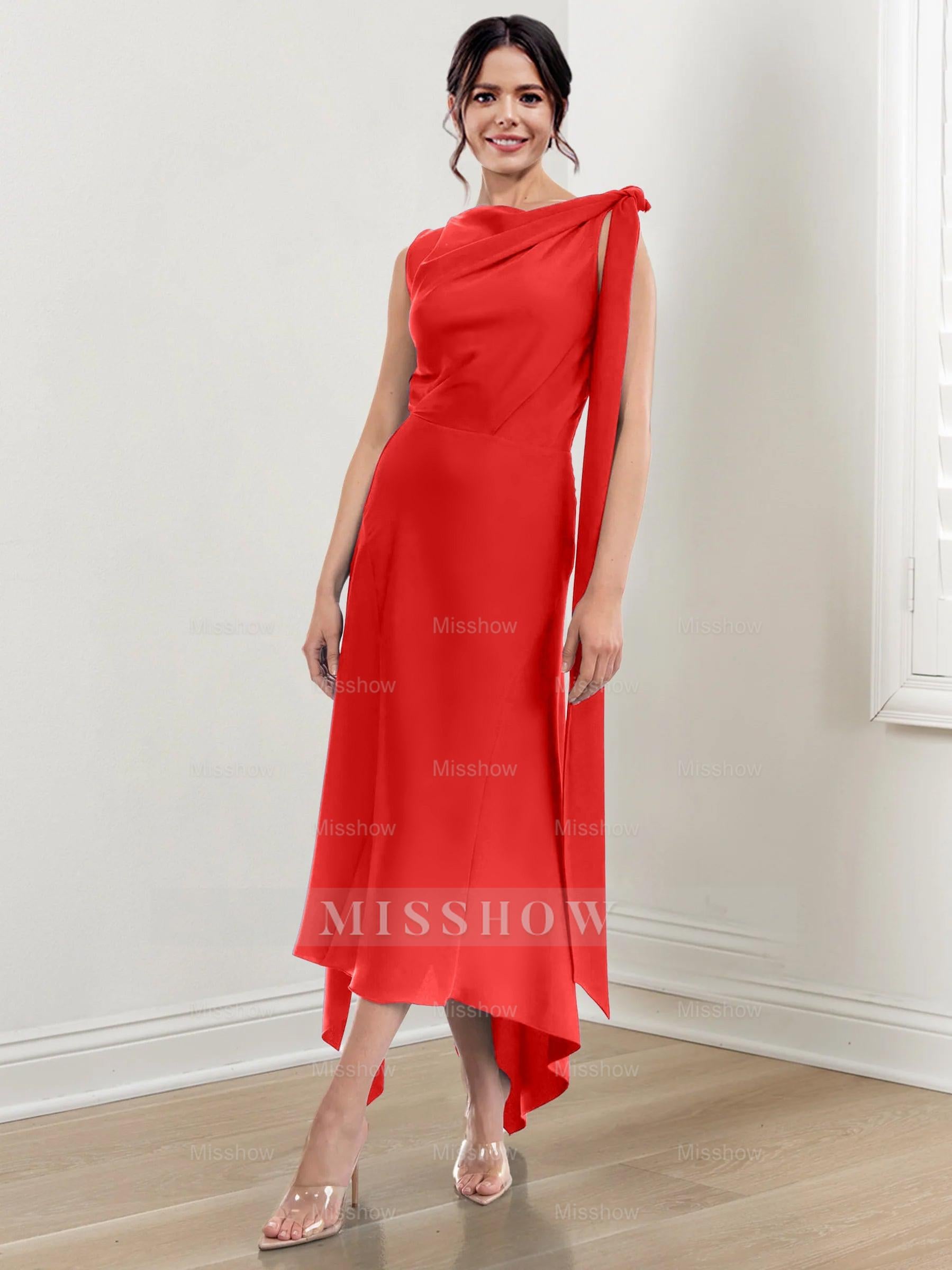 Asymmetrical Tea-Length Mother of the Bride Sheath Dress with Ruched Column Jewel Neck