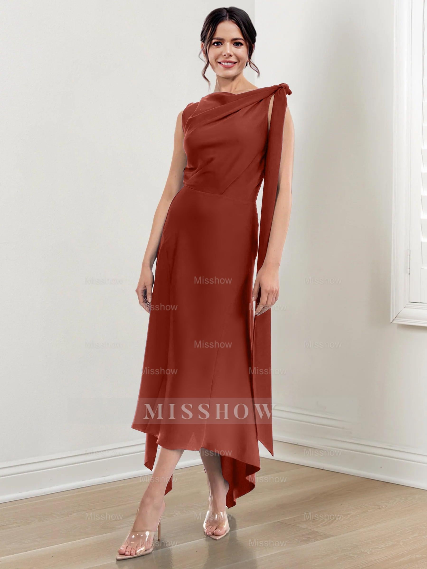 Asymmetrical Tea-Length Mother of the Bride Sheath Dress with Ruched Column Jewel Neck