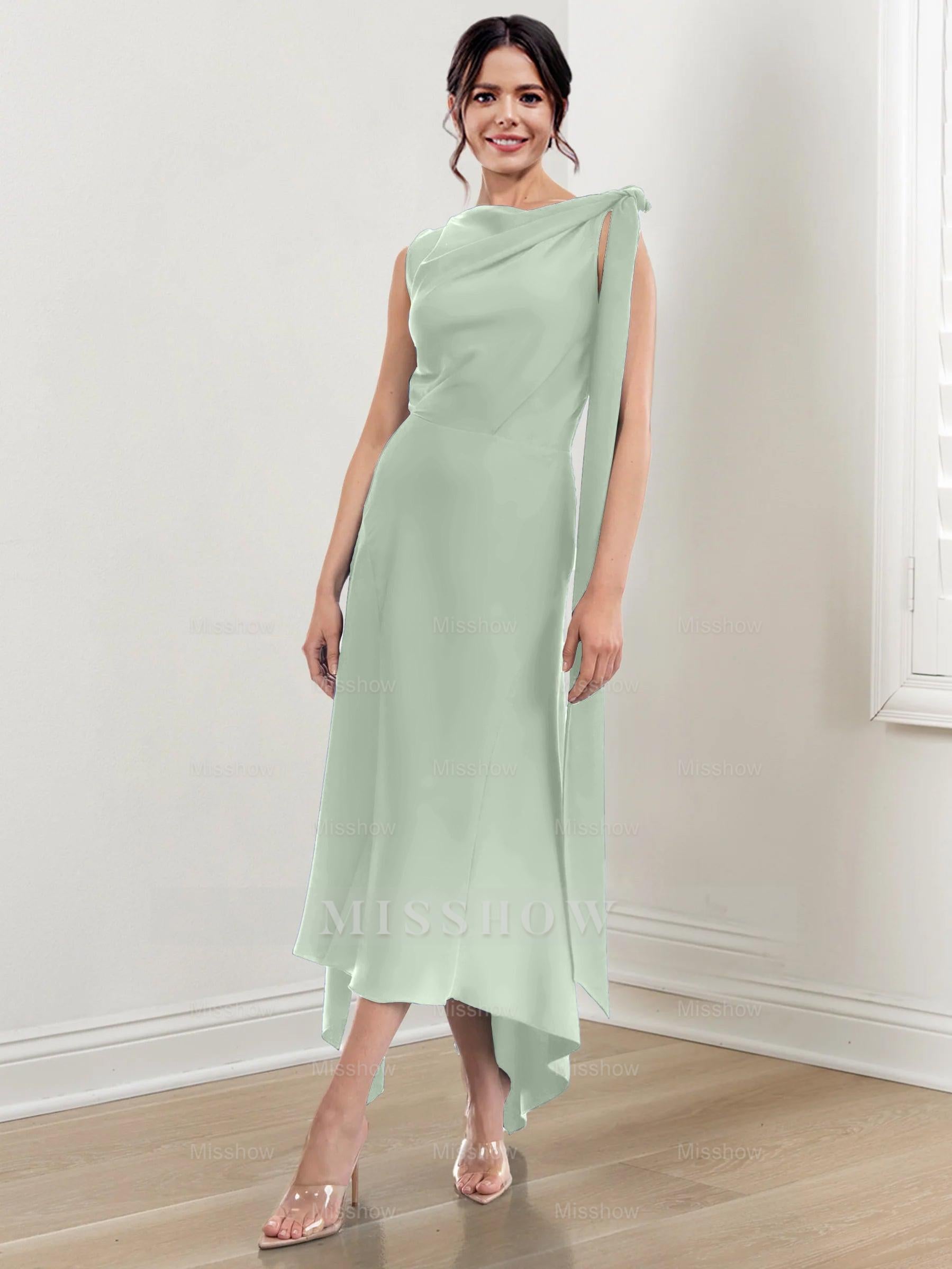 Asymmetrical Tea-Length Mother of the Bride Sheath Dress with Ruched Column Jewel Neck