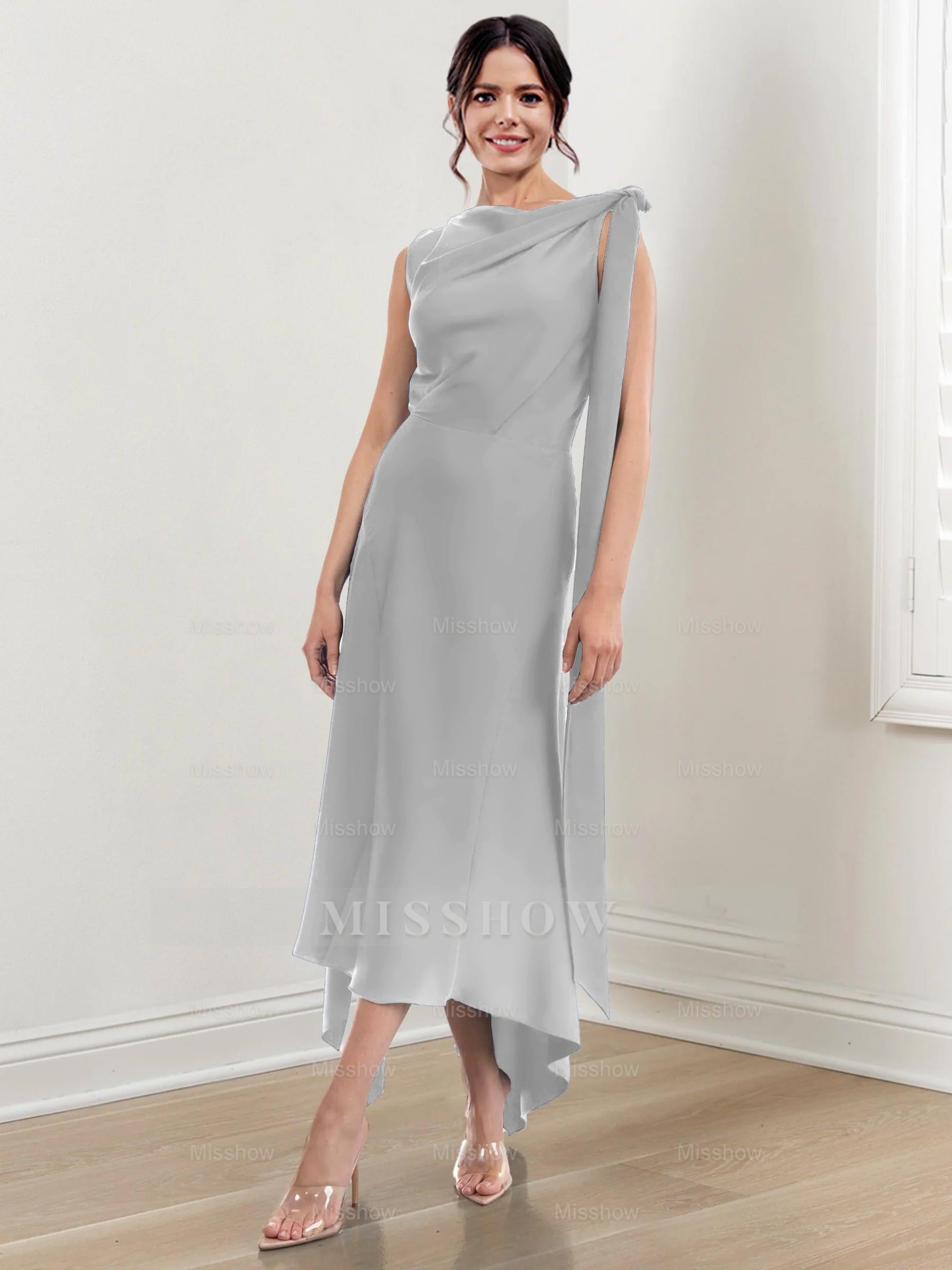 Asymmetrical Tea-Length Mother of the Bride Sheath Dress with Ruched Column Jewel Neck
