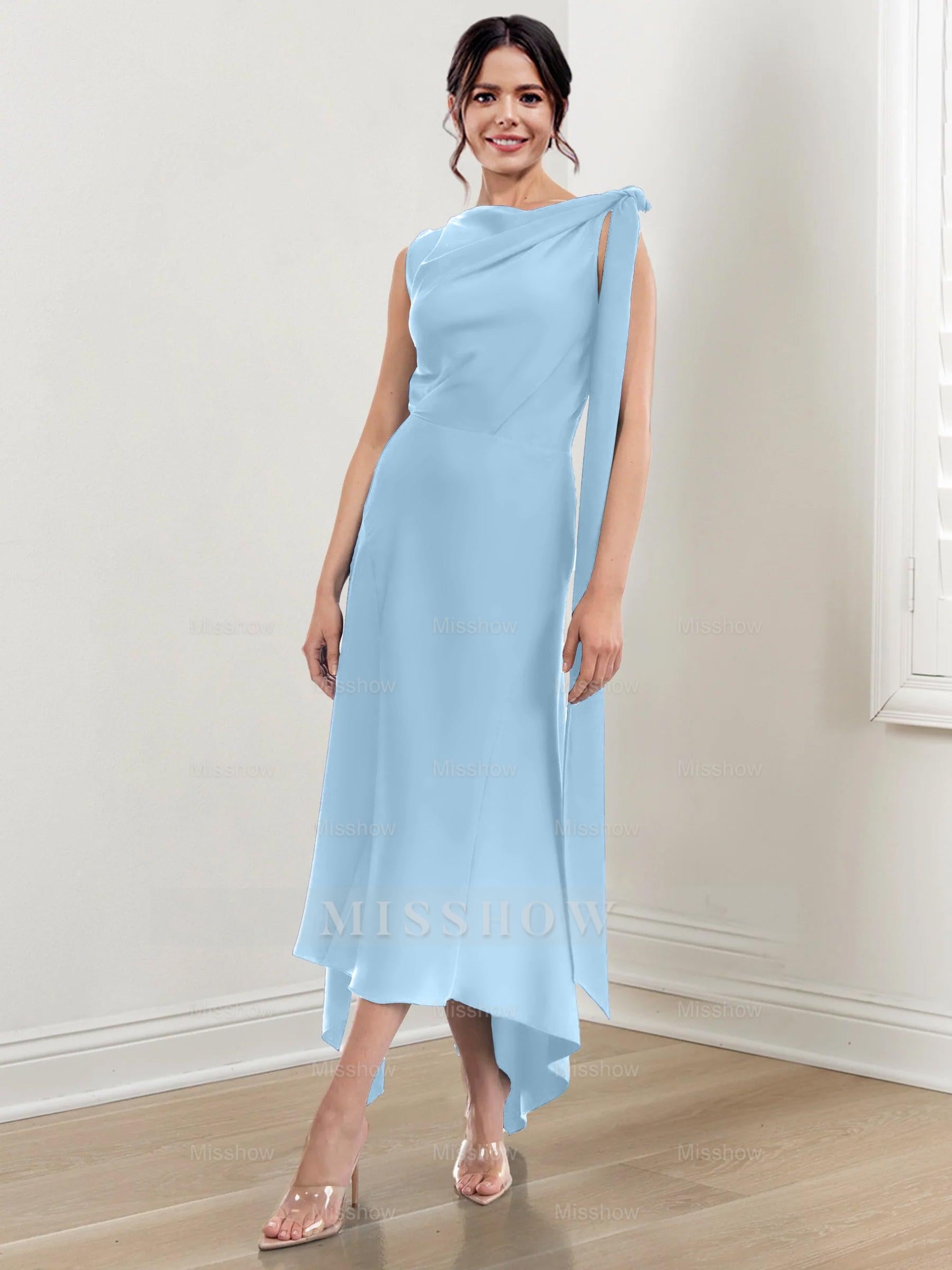 Asymmetrical Tea-Length Mother of the Bride Sheath Dress with Ruched Column Jewel Neck