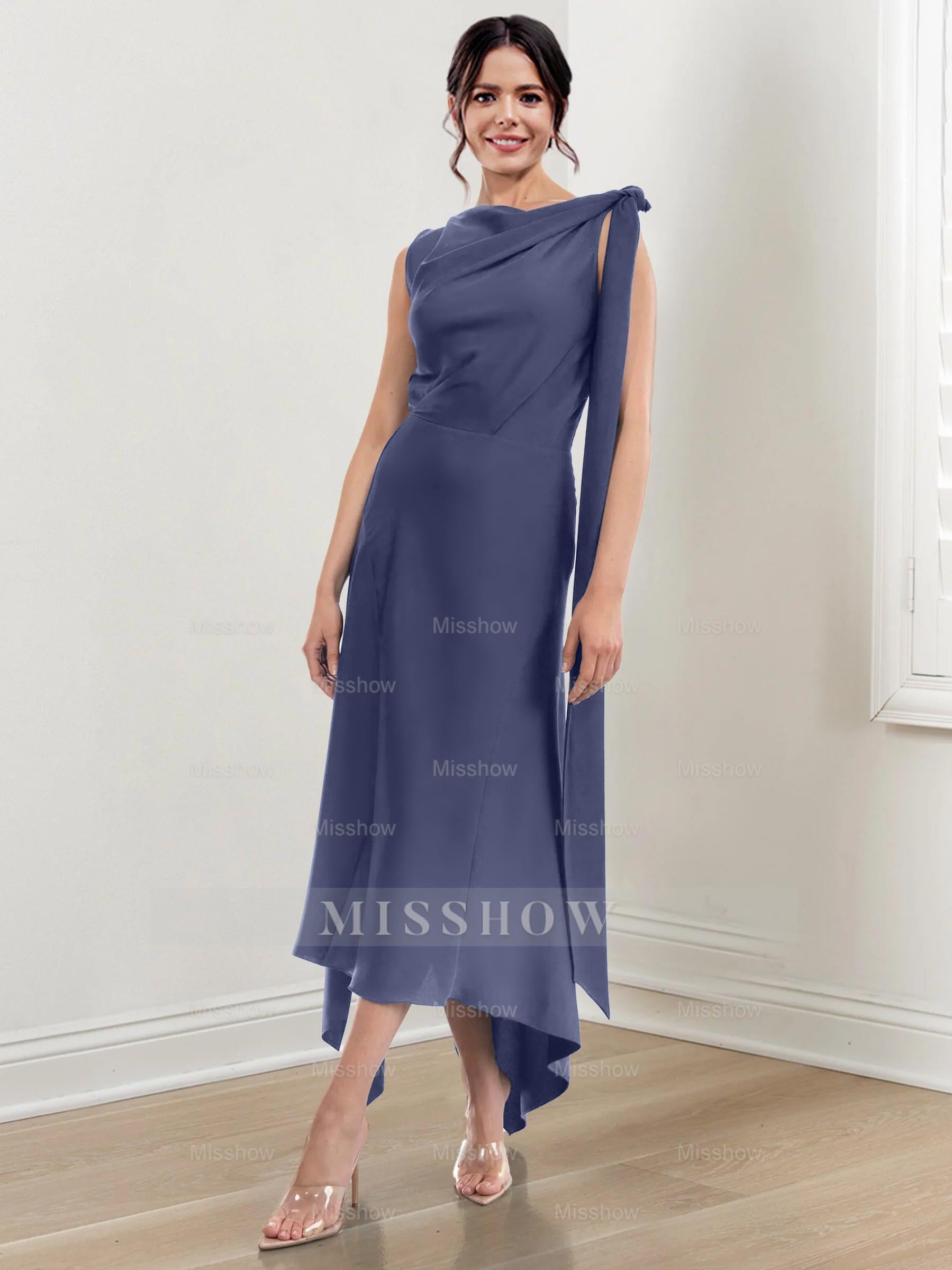 Asymmetrical Tea-Length Mother of the Bride Sheath Dress with Ruched Column Jewel Neck