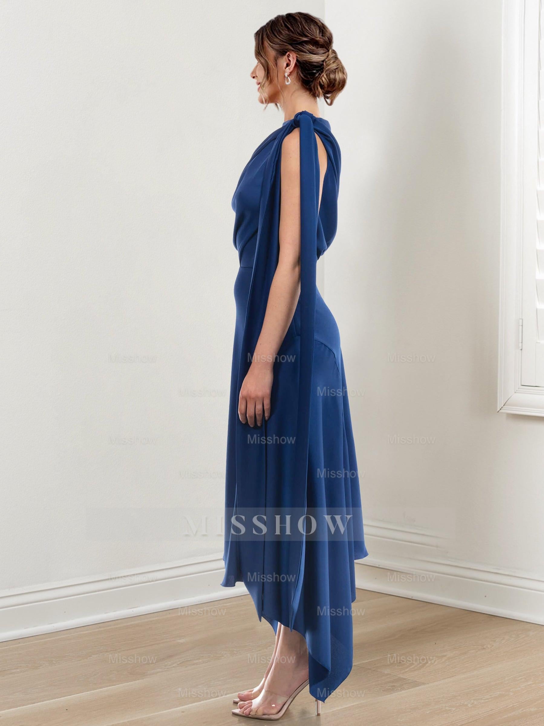 Asymmetrical Tea-Length Mother of the Bride Sheath Dress with Ruched Column Jewel Neck