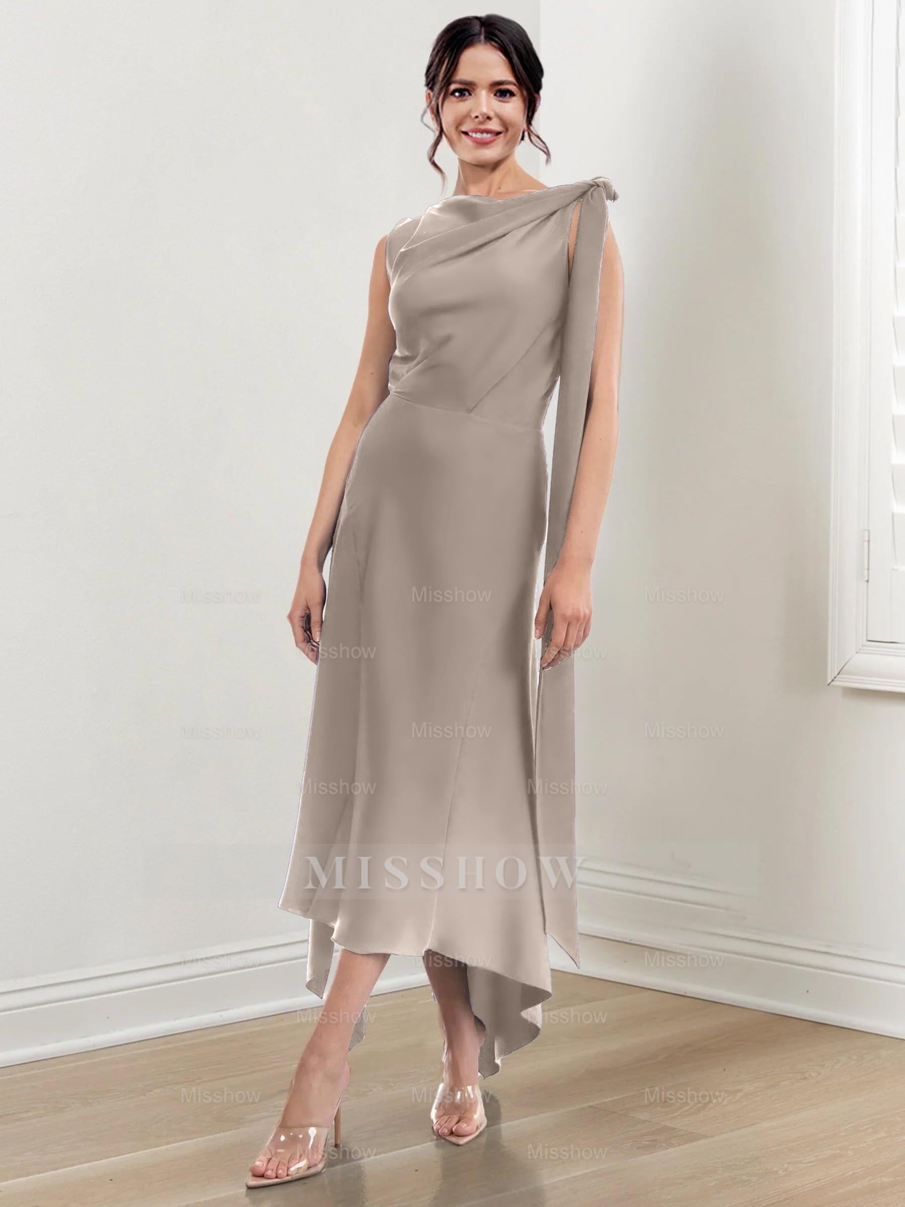 Asymmetrical Tea-Length Mother of the Bride Sheath Dress with Ruched Column Jewel Neck