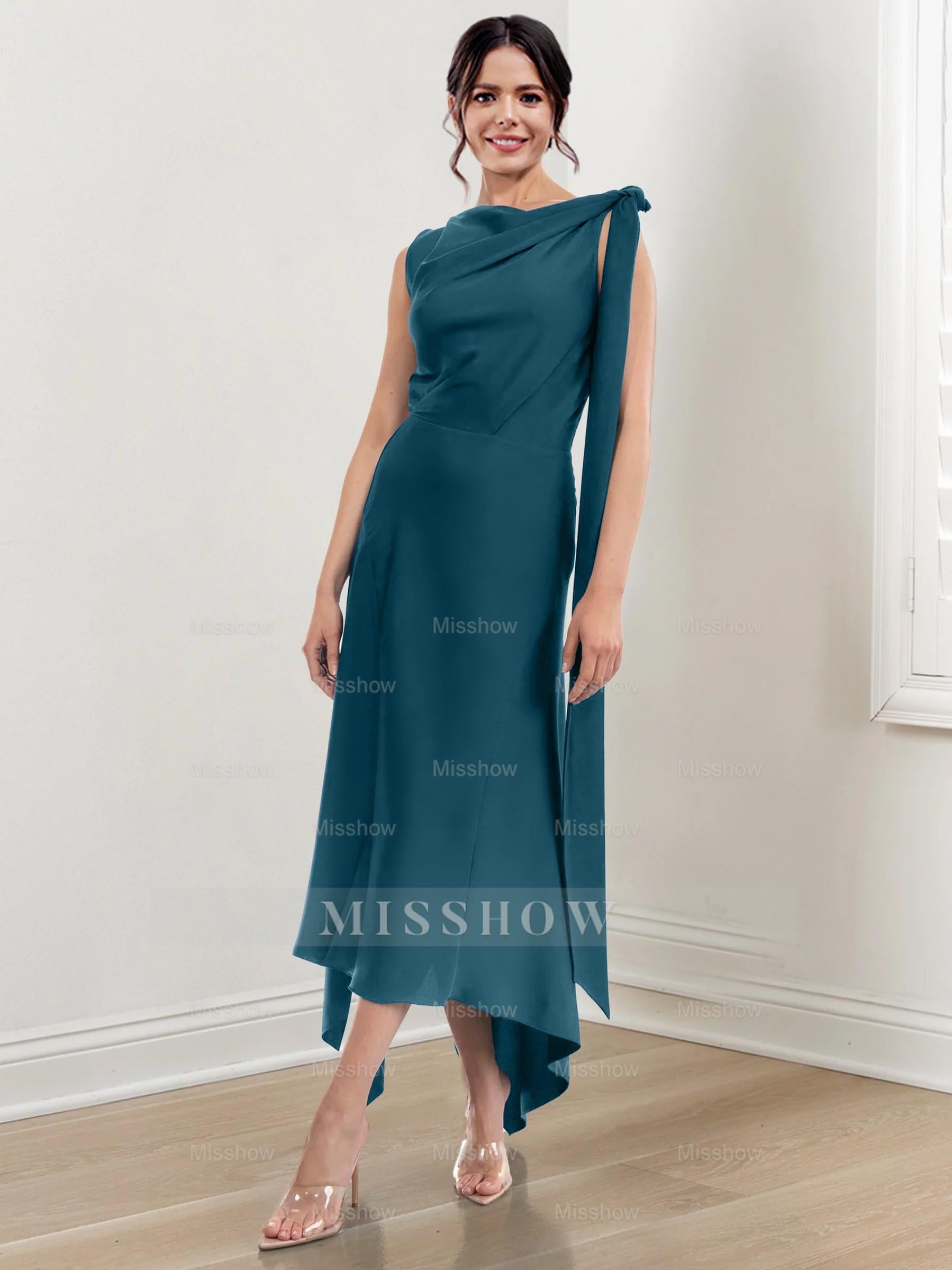Asymmetrical Tea-Length Mother of the Bride Sheath Dress with Ruched Column Jewel Neck