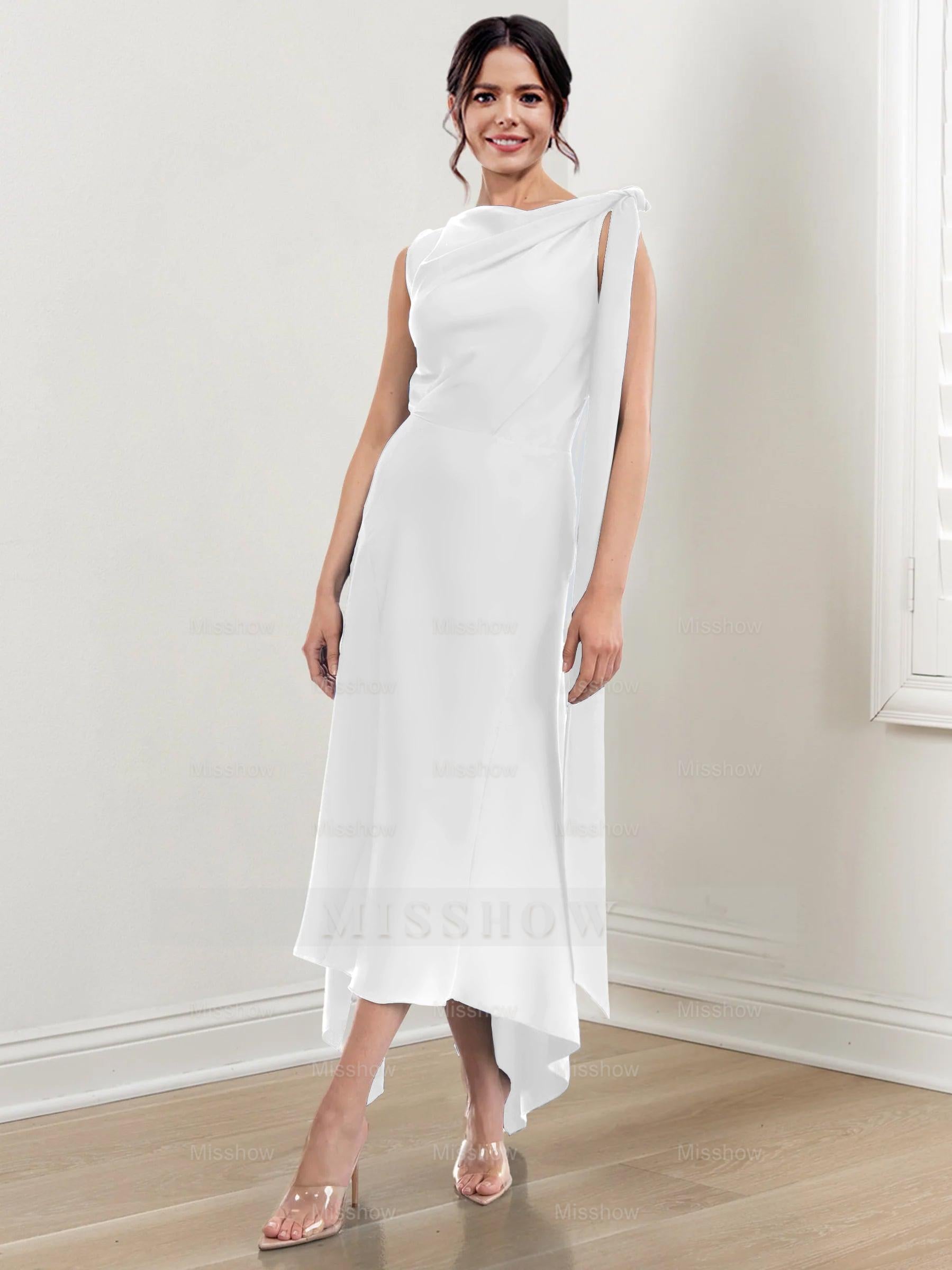 Asymmetrical Tea-Length Mother of the Bride Sheath Dress with Ruched Column Jewel Neck