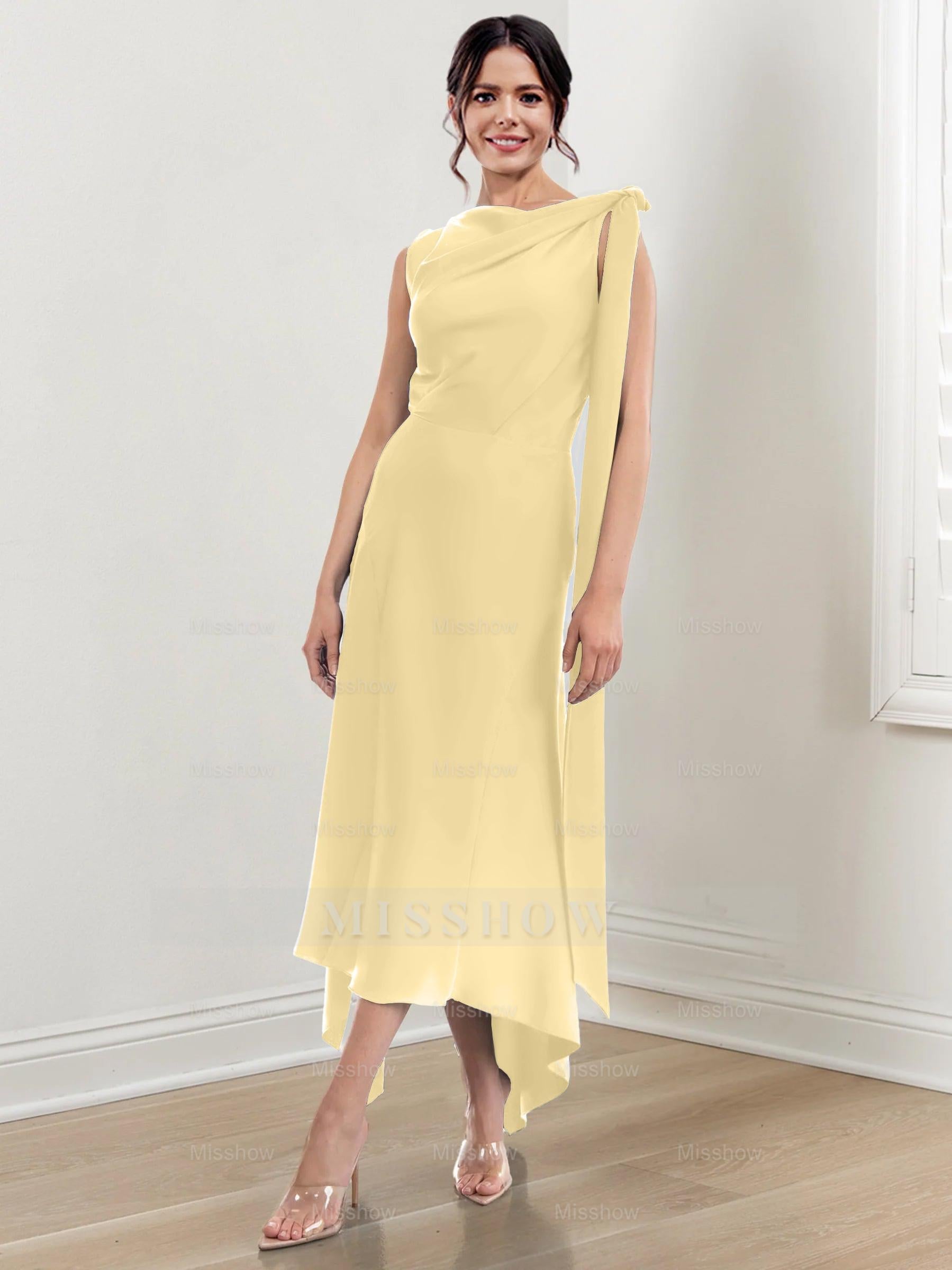 Asymmetrical Tea-Length Mother of the Bride Sheath Dress with Ruched Column Jewel Neck