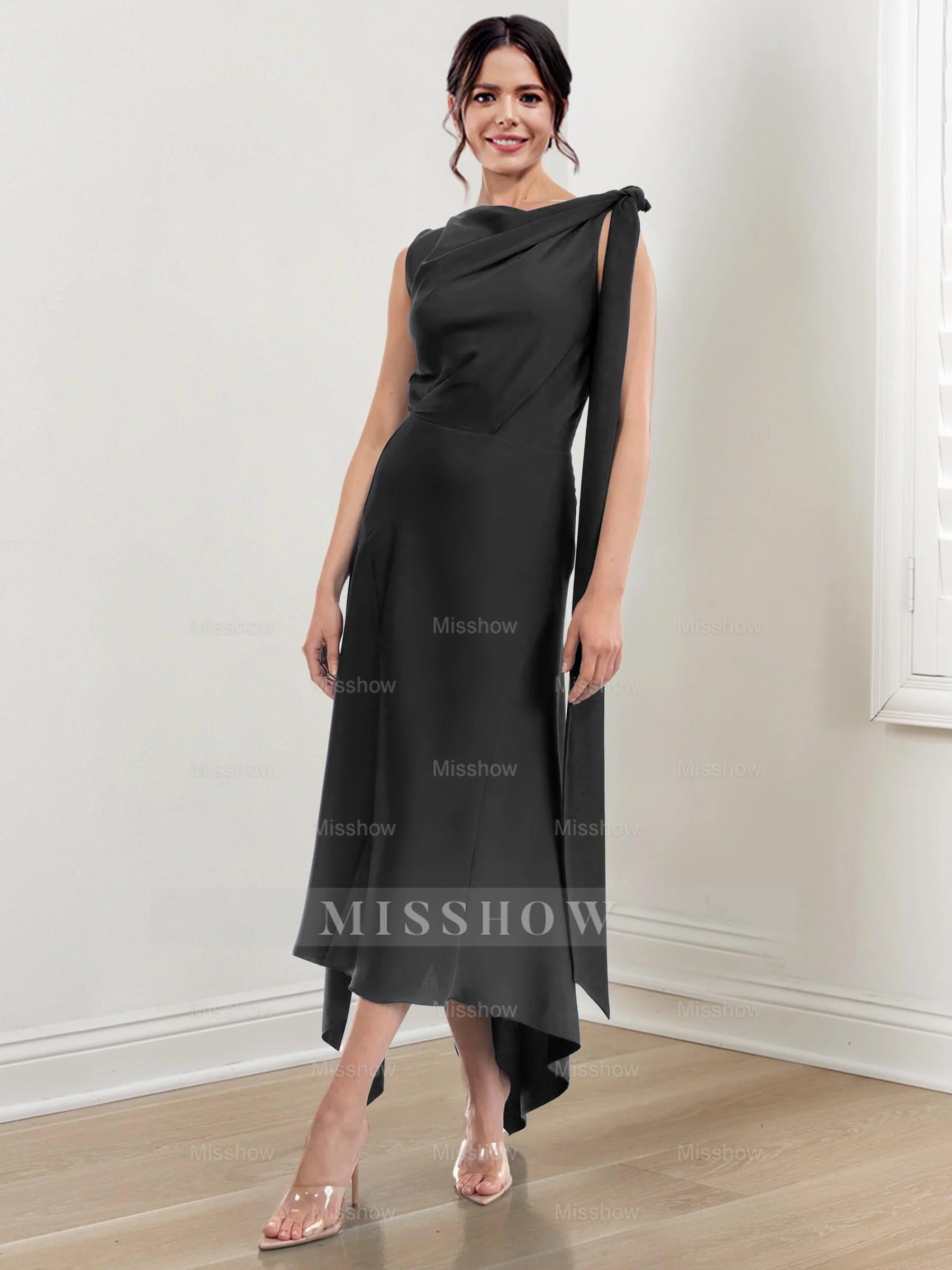Asymmetrical Tea-Length Mother of the Bride Sheath Dress with Ruched Column Jewel Neck
