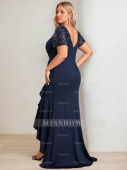 Asymmetrical V-Neck Short Sleeve Sheath Dress for Plus Size Mother of the Bride with Sequins