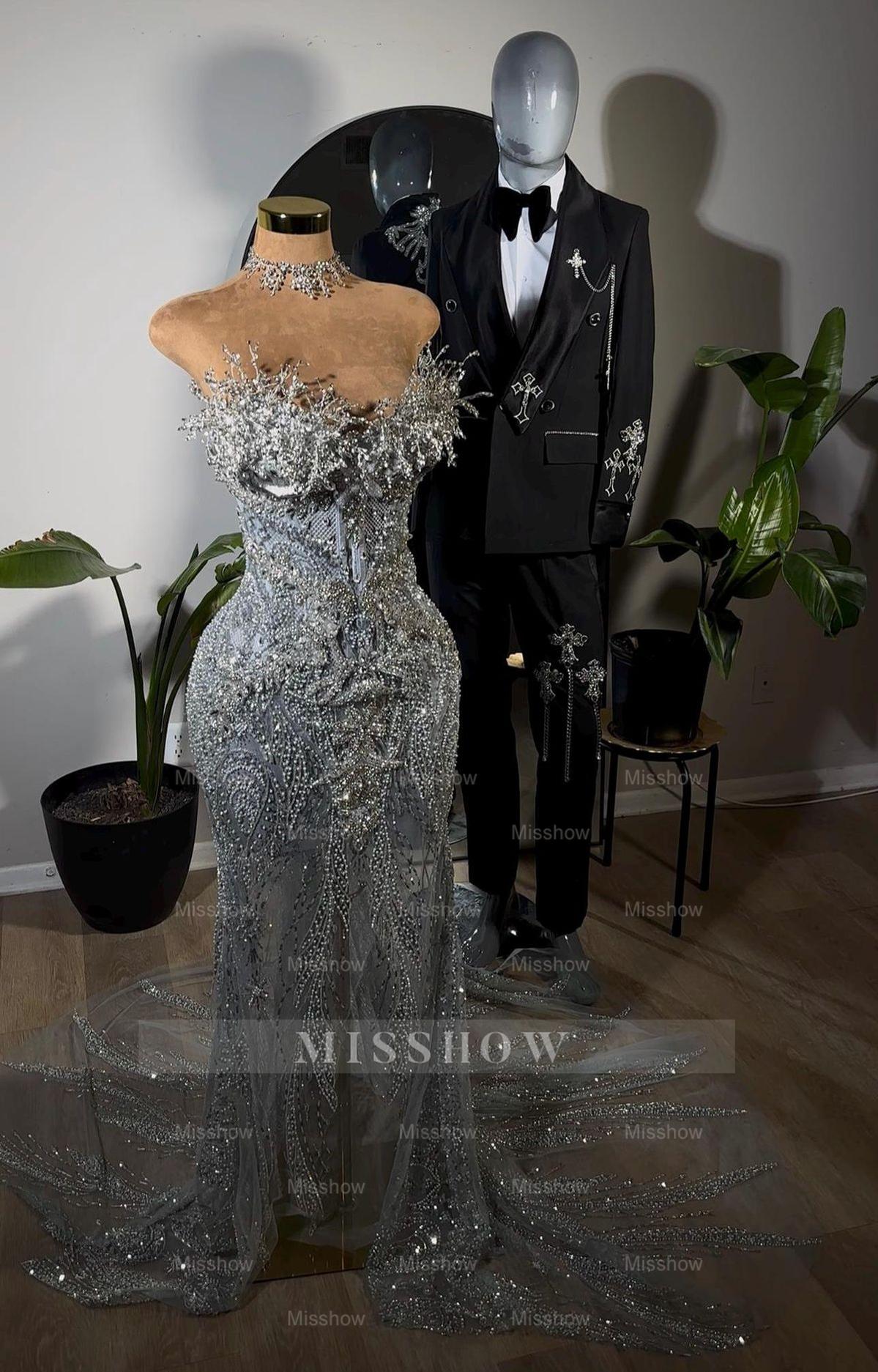 Atrractive Strapless Mermaid Corset Lace Long Silver Prom Dress with Beads