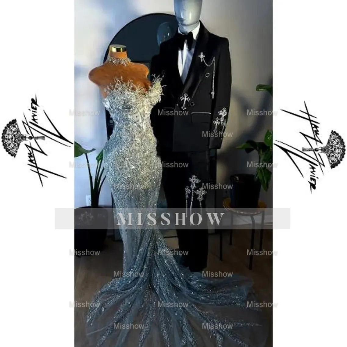 Silver strapless beaded mermaid prom dress