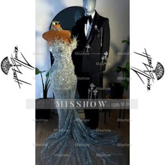 Silver strapless beaded mermaid prom dress