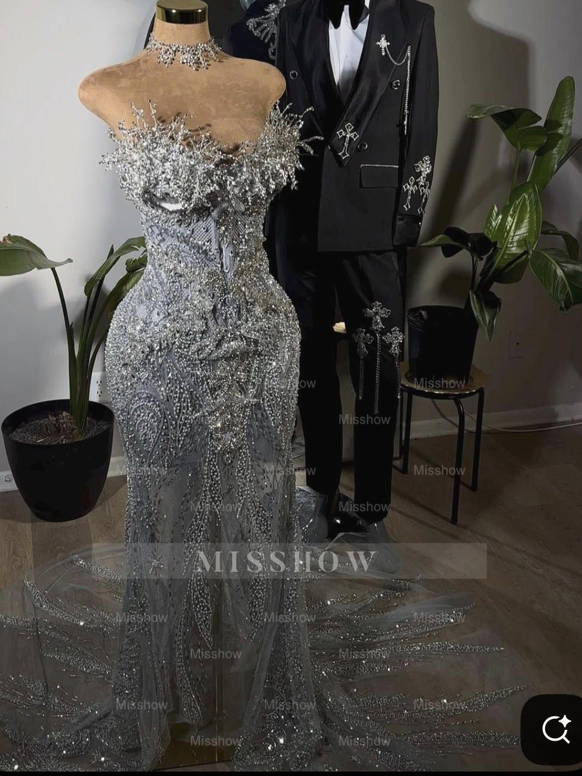 Silver strapless beaded mermaid prom dress