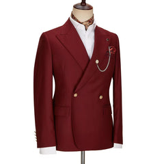 Attractive Burgundy Peak Lapel Double Breasted Prom Suit