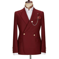 Attractive Burgundy Peak Lapel Double Breasted Prom Suit