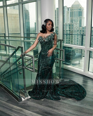 Attractive Dark Green Strapless Beaded Lace Long Prom Dress