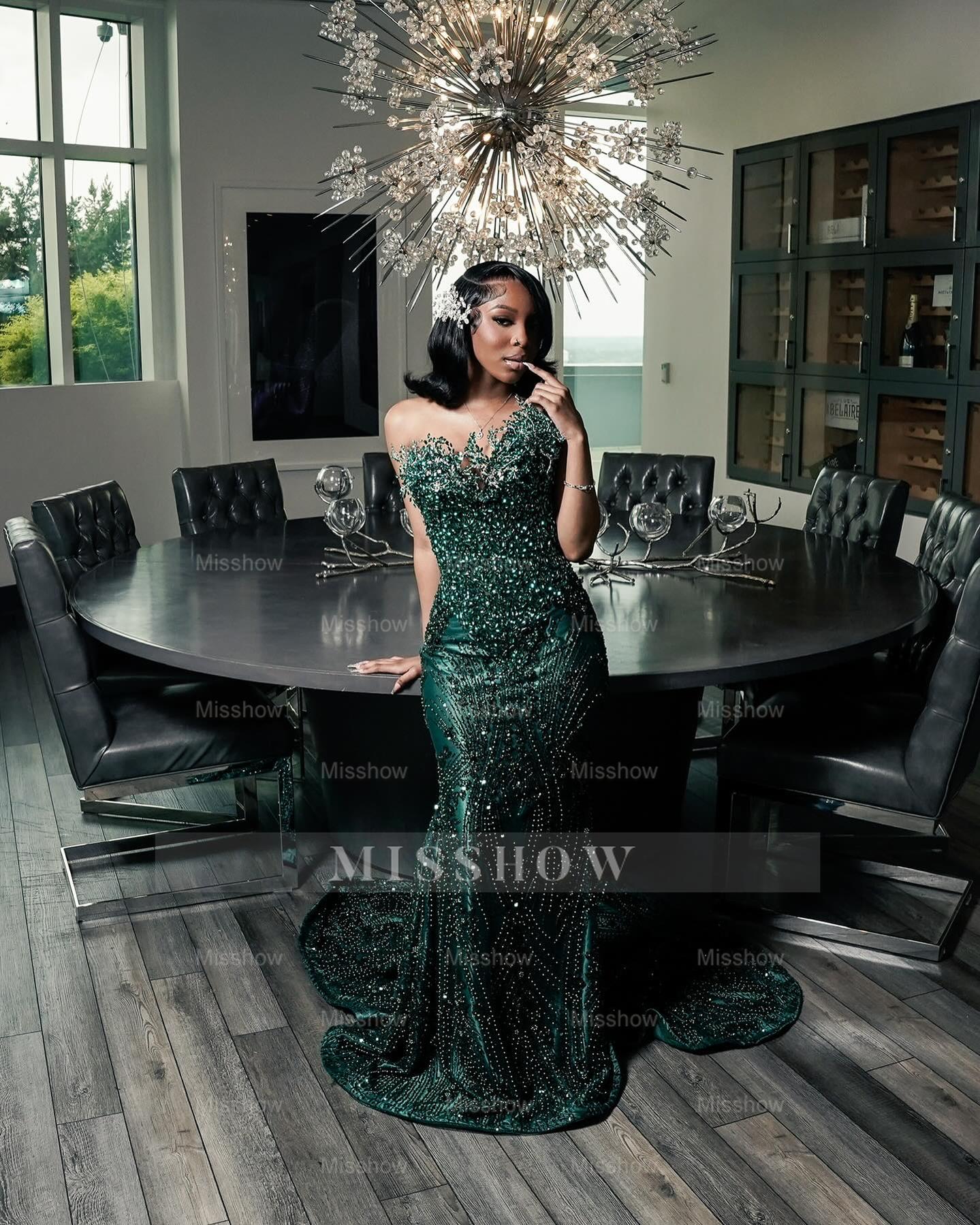 Dark green strapless beaded mermaid prom dress