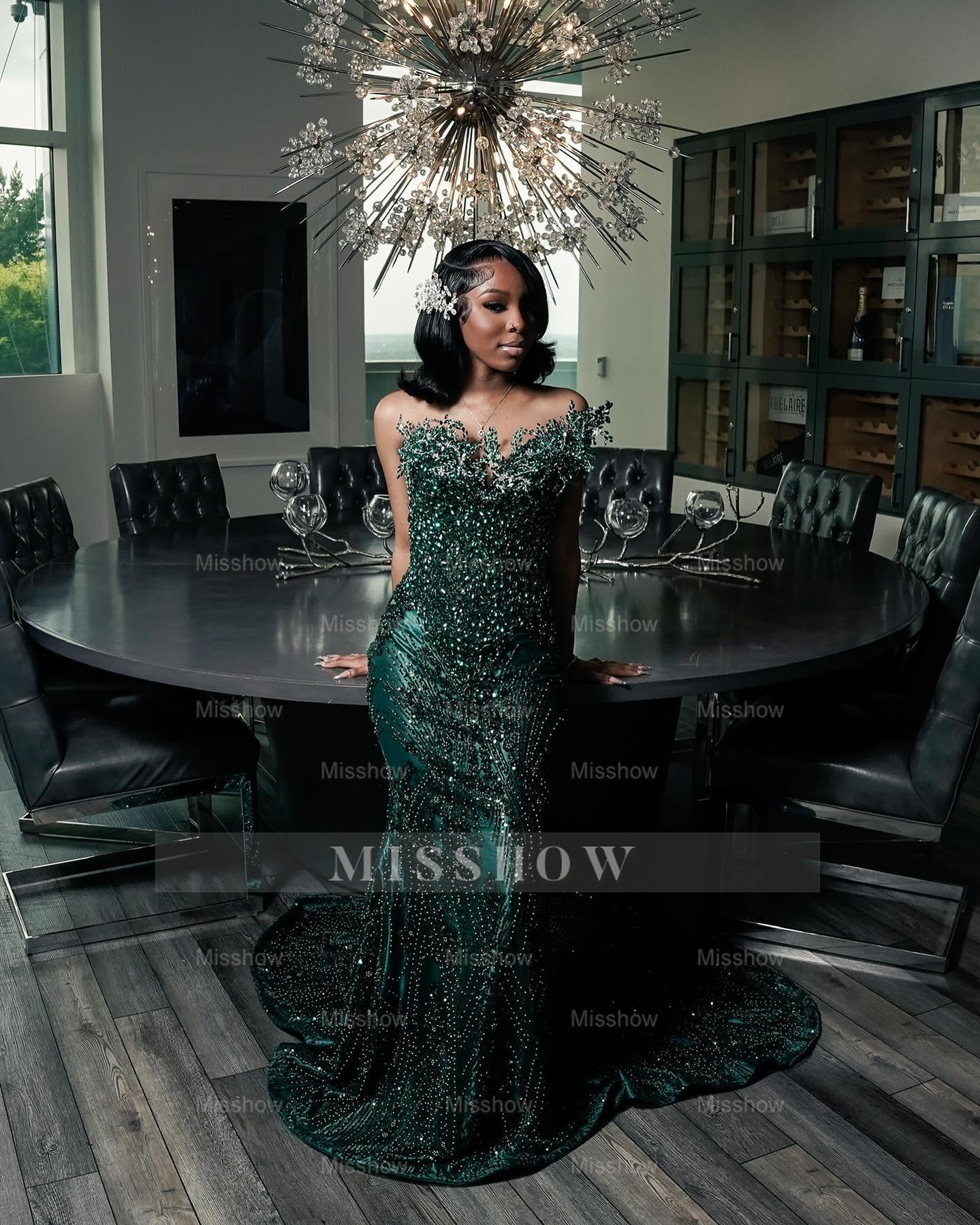 Dark green strapless beaded mermaid prom dress