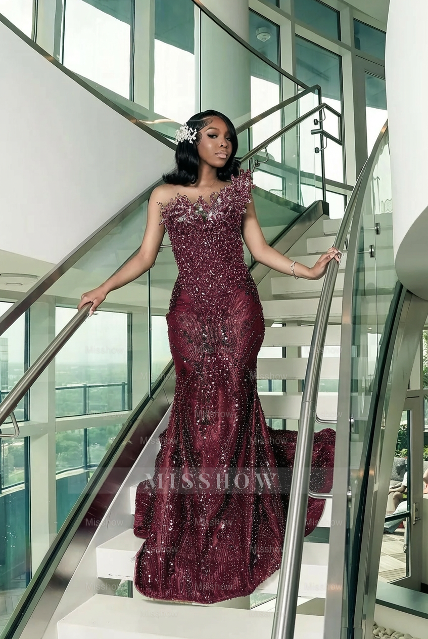 Burgundy strapless beaded mermaid prom dress