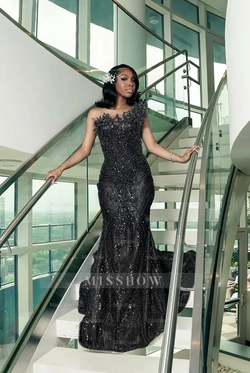 Black strapless beaded mermaid prom dress