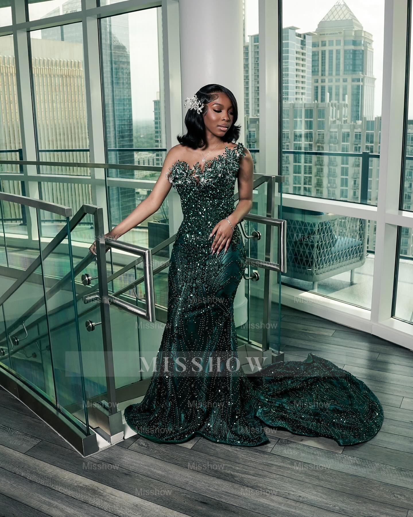 Dark green strapless beaded mermaid prom dress
