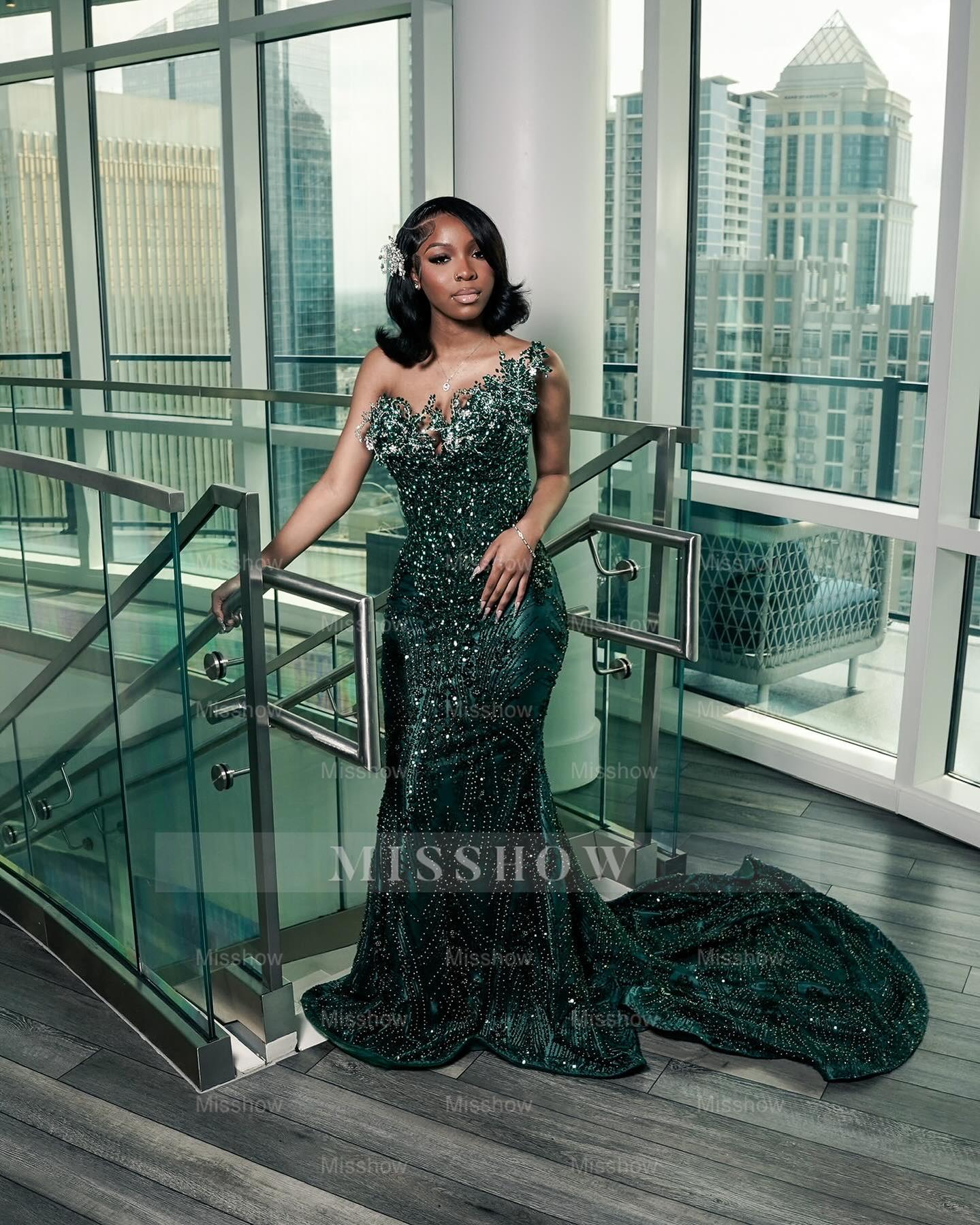 Dark green strapless beaded mermaid prom dress