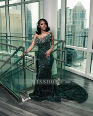 Dark green strapless beaded mermaid prom dress