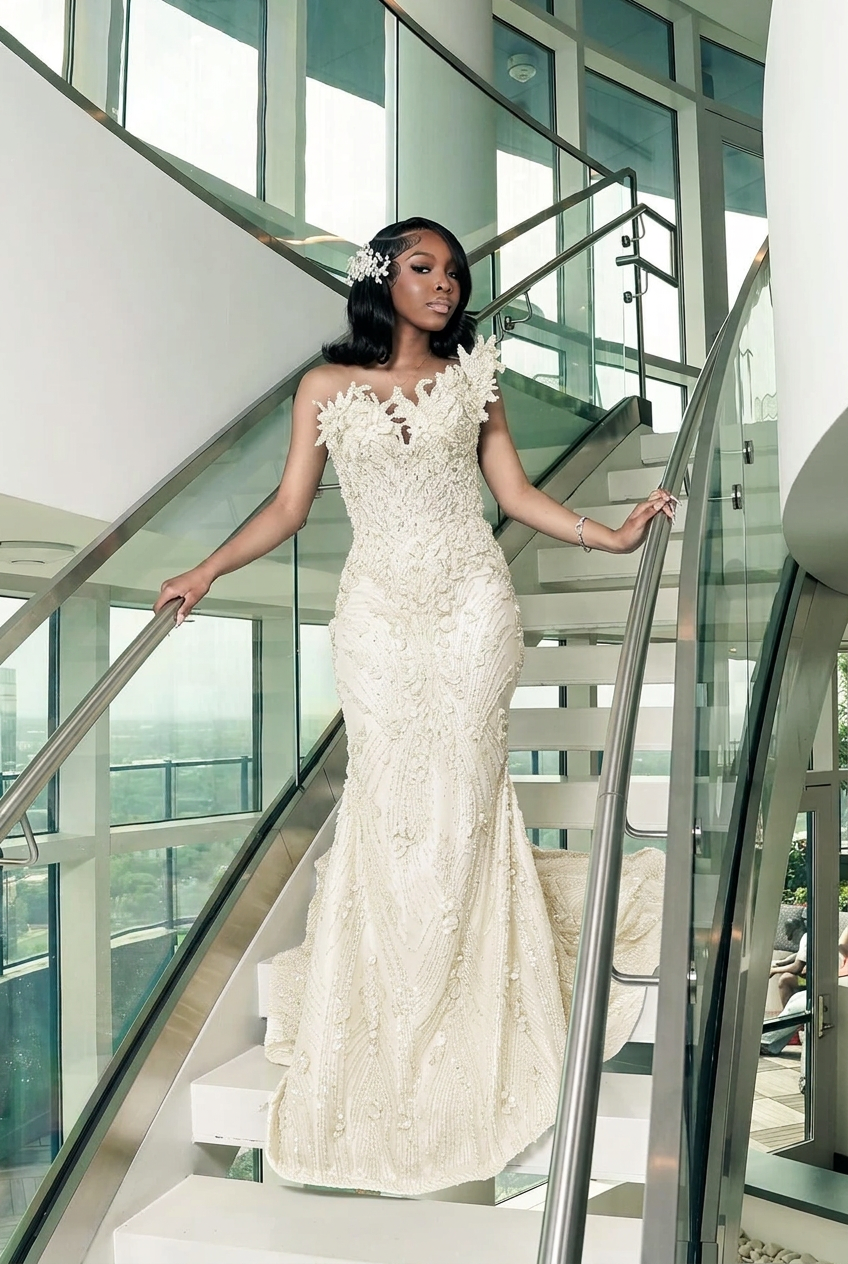 Ivory strapless beaded mermaid prom dress