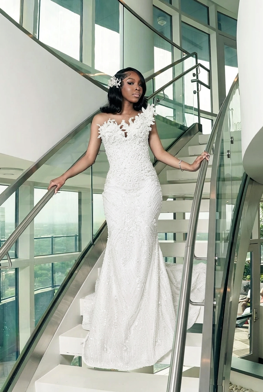 White strapless beaded mermaid prom dress