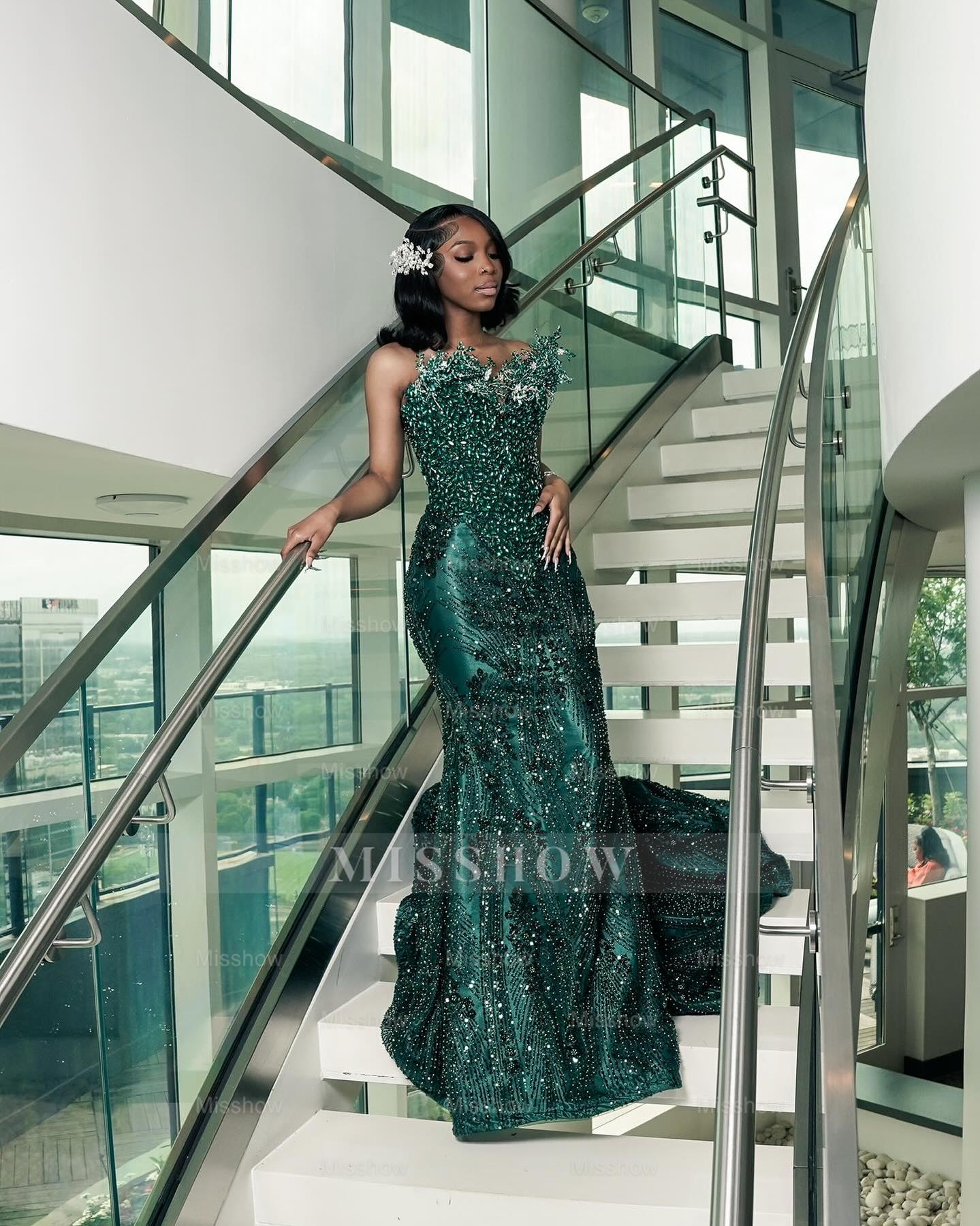 Dark green strapless beaded mermaid prom dress