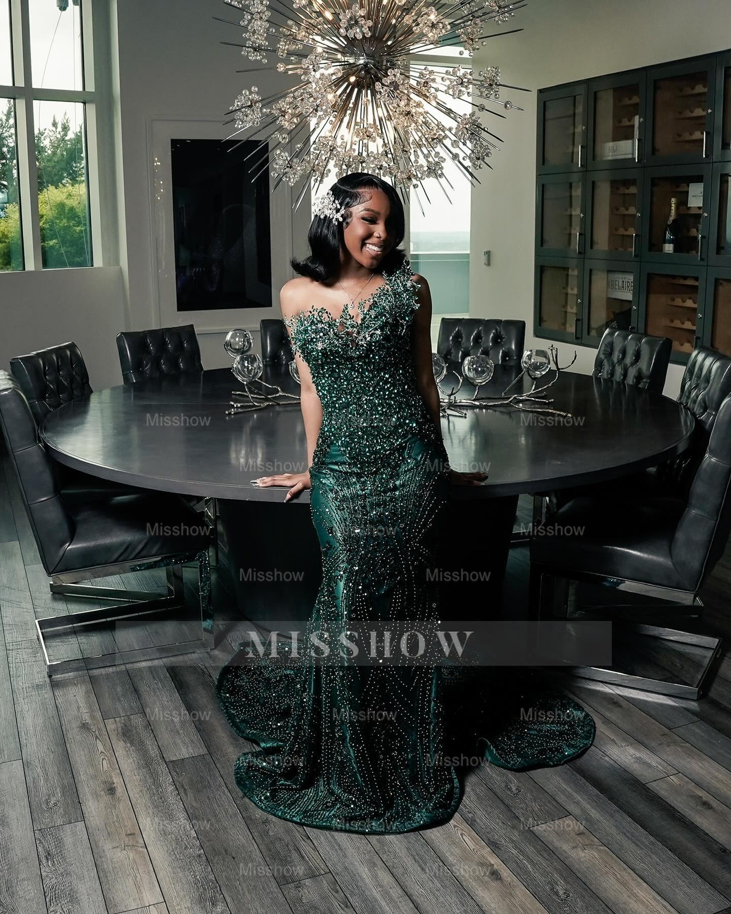Dark green strapless beaded mermaid prom dress
