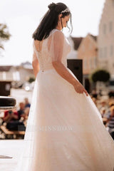 Attractive Ivory V-Neck Short Sleeves A-Line Wedding Dress with Appliques and Beads