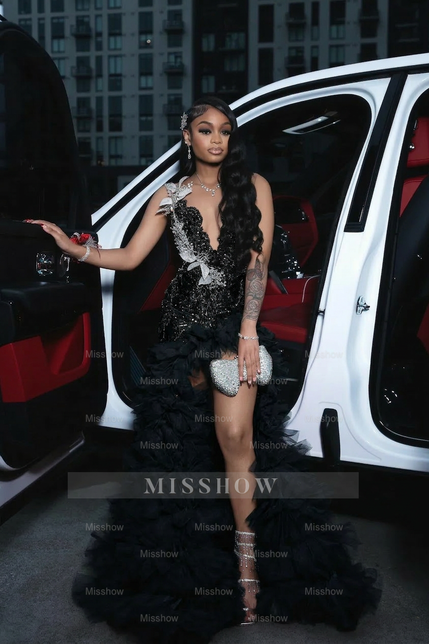 Attractive Long A-line Red Sleeveless Appliques Beaded Prom Dress with Slit