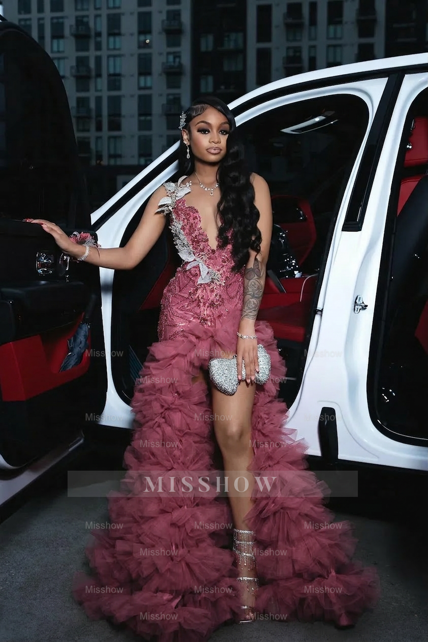 Attractive Long A-line Red Sleeveless Appliques Beaded Prom Dress with Slit