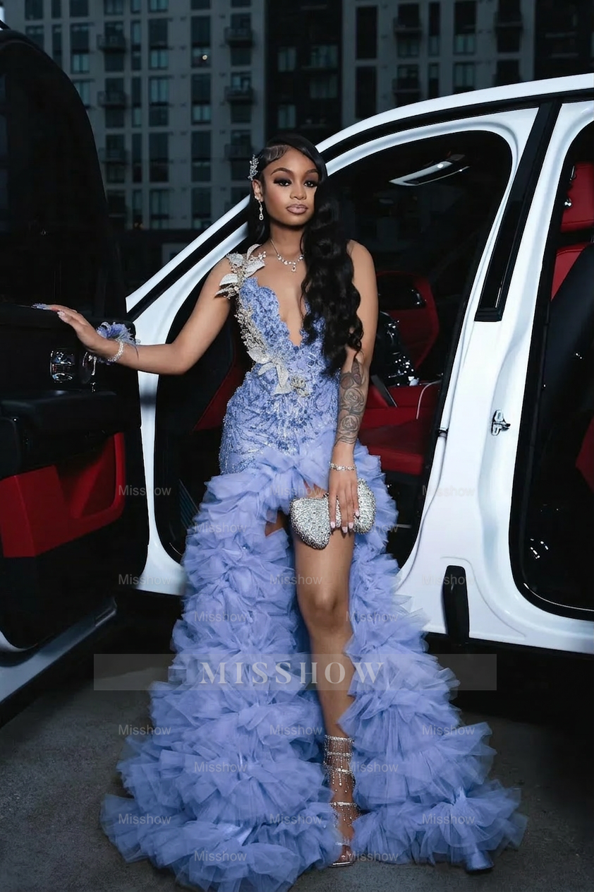 Attractive Long A-line Red Sleeveless Appliques Beaded Prom Dress with Slit