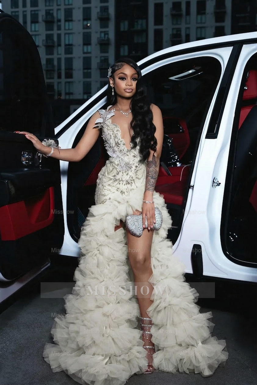 Attractive Long A-line Red Sleeveless Appliques Beaded Prom Dress with Slit