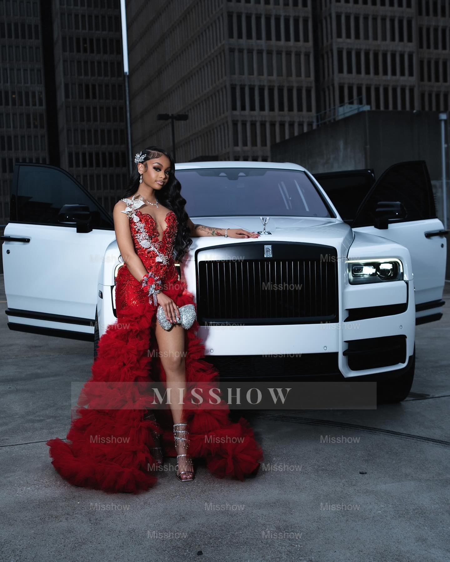 Attractive Long A-line Red Sleeveless Appliques Beaded Prom Dress with Slit