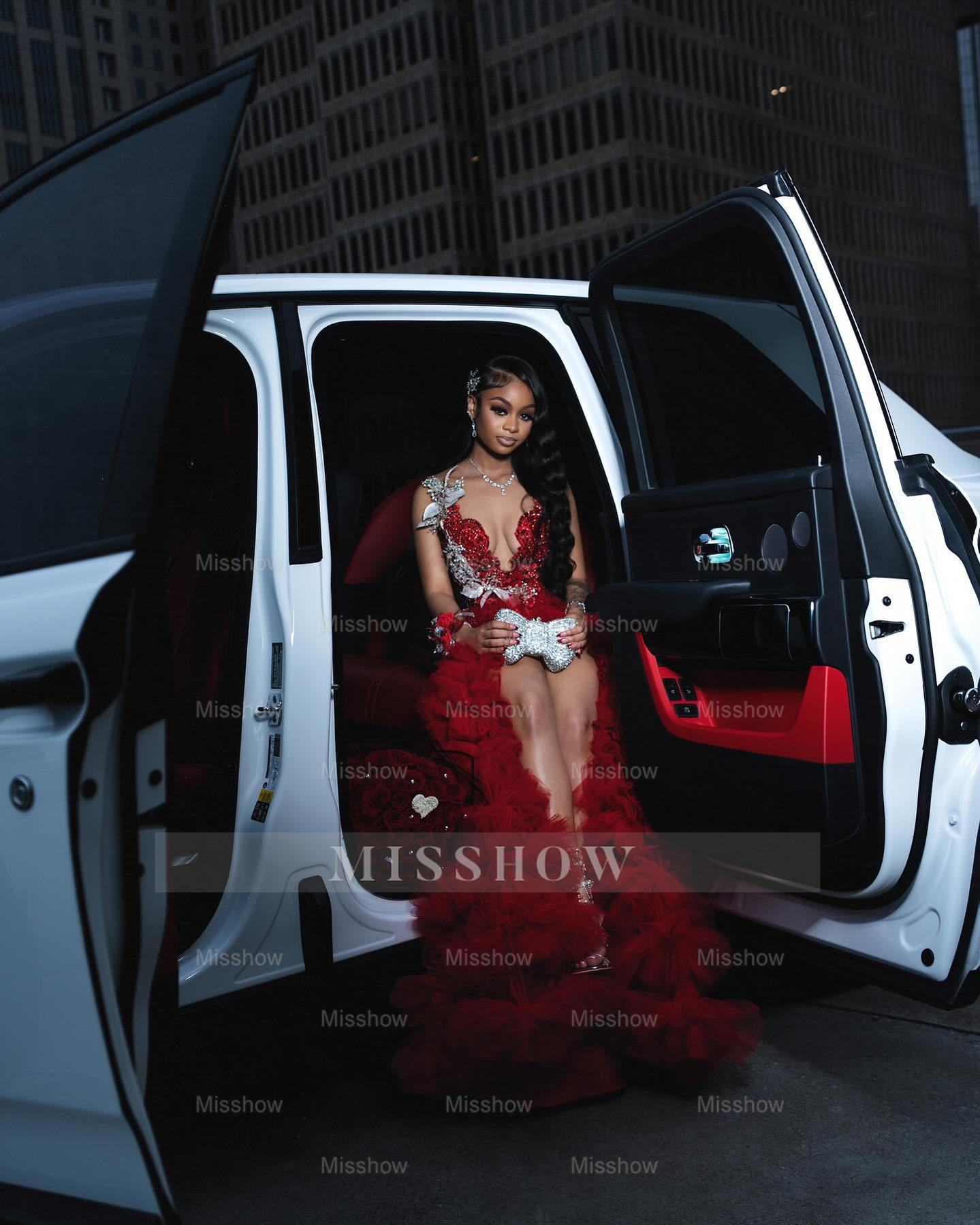 Attractive Long A-line Red Sleeveless Appliques Beaded Prom Dress with Slit