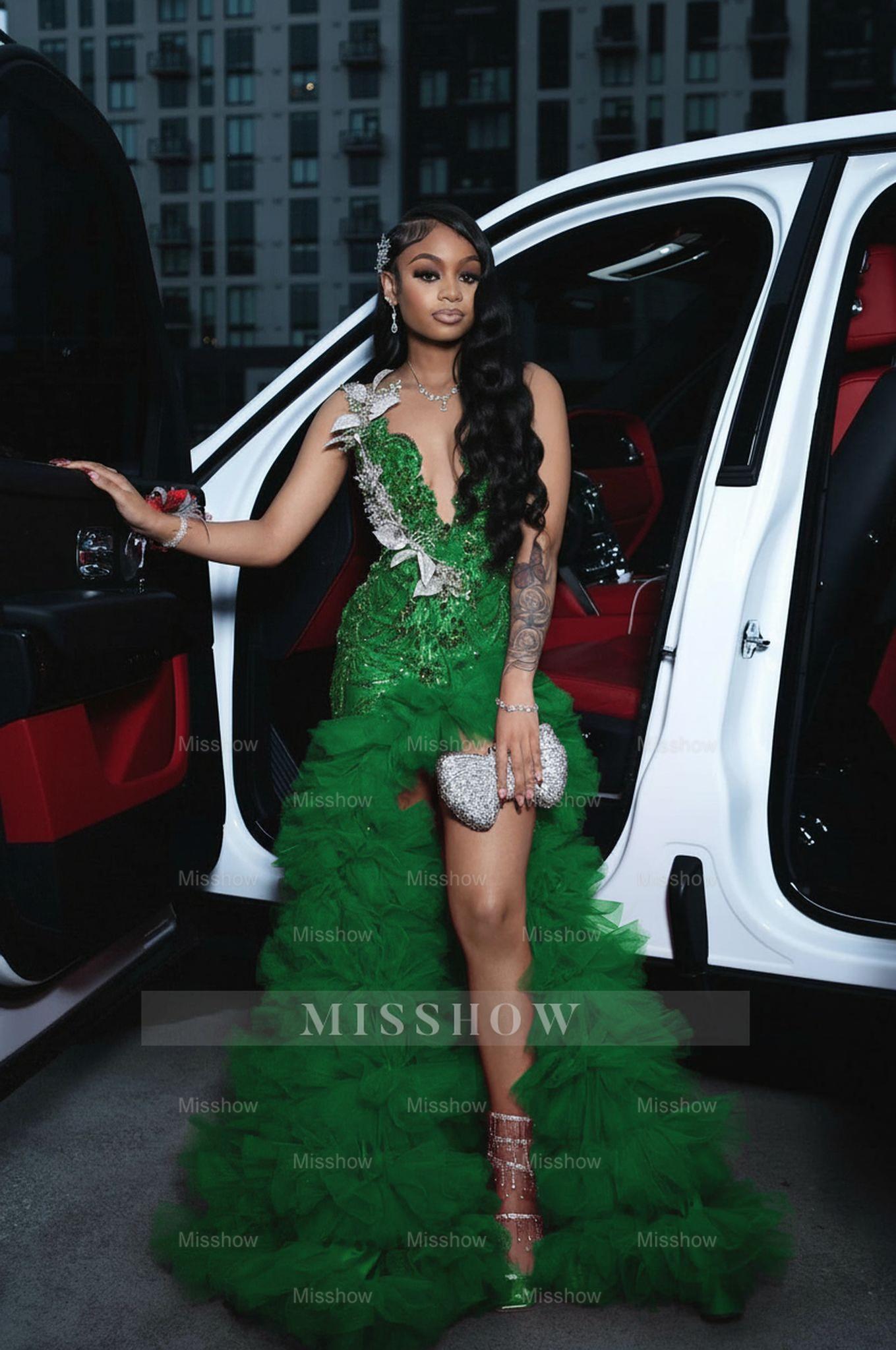 Emerald scoop split-front A-line prom dress