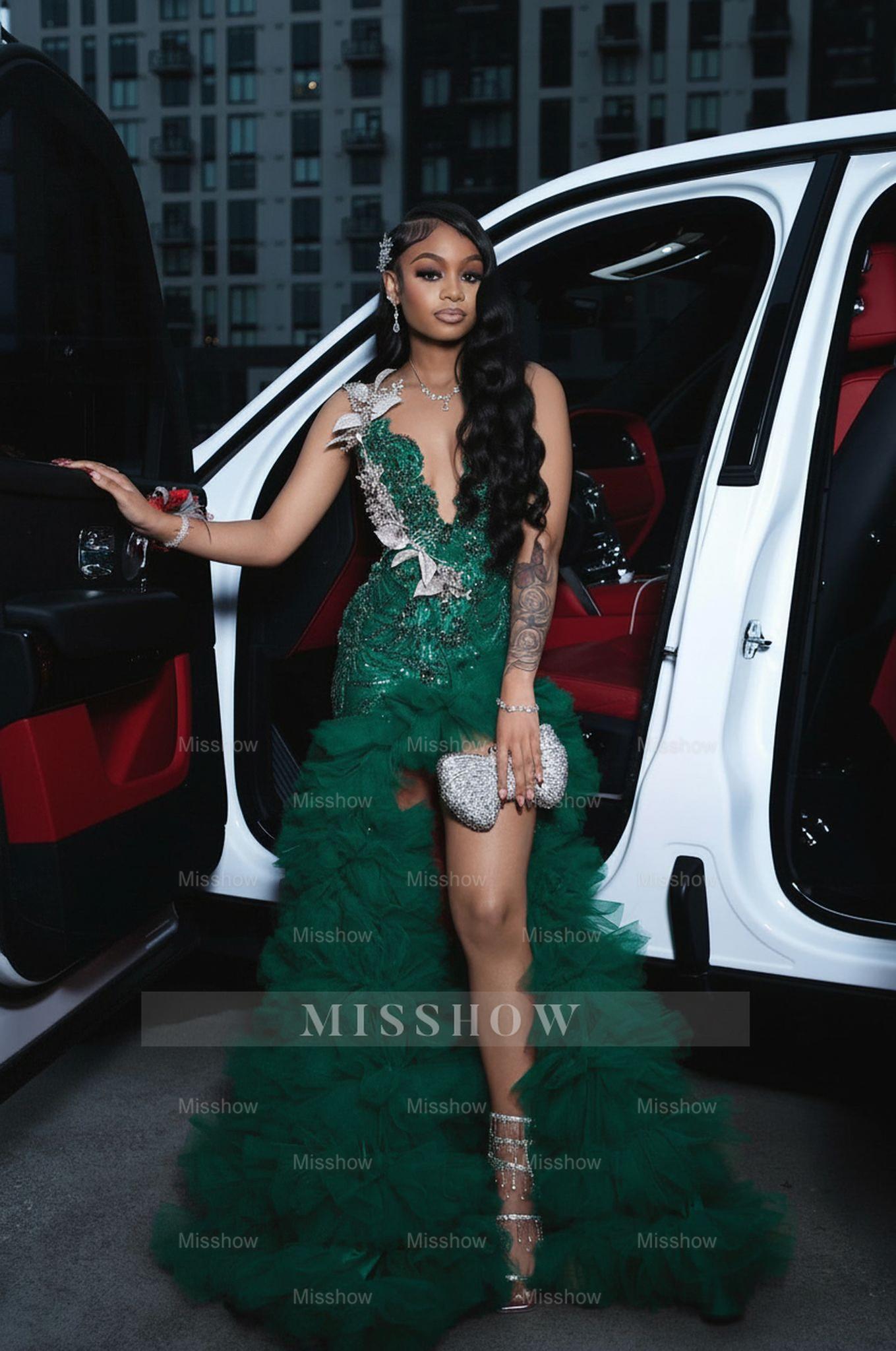 Dark green scoop split-front A-line prom dress
