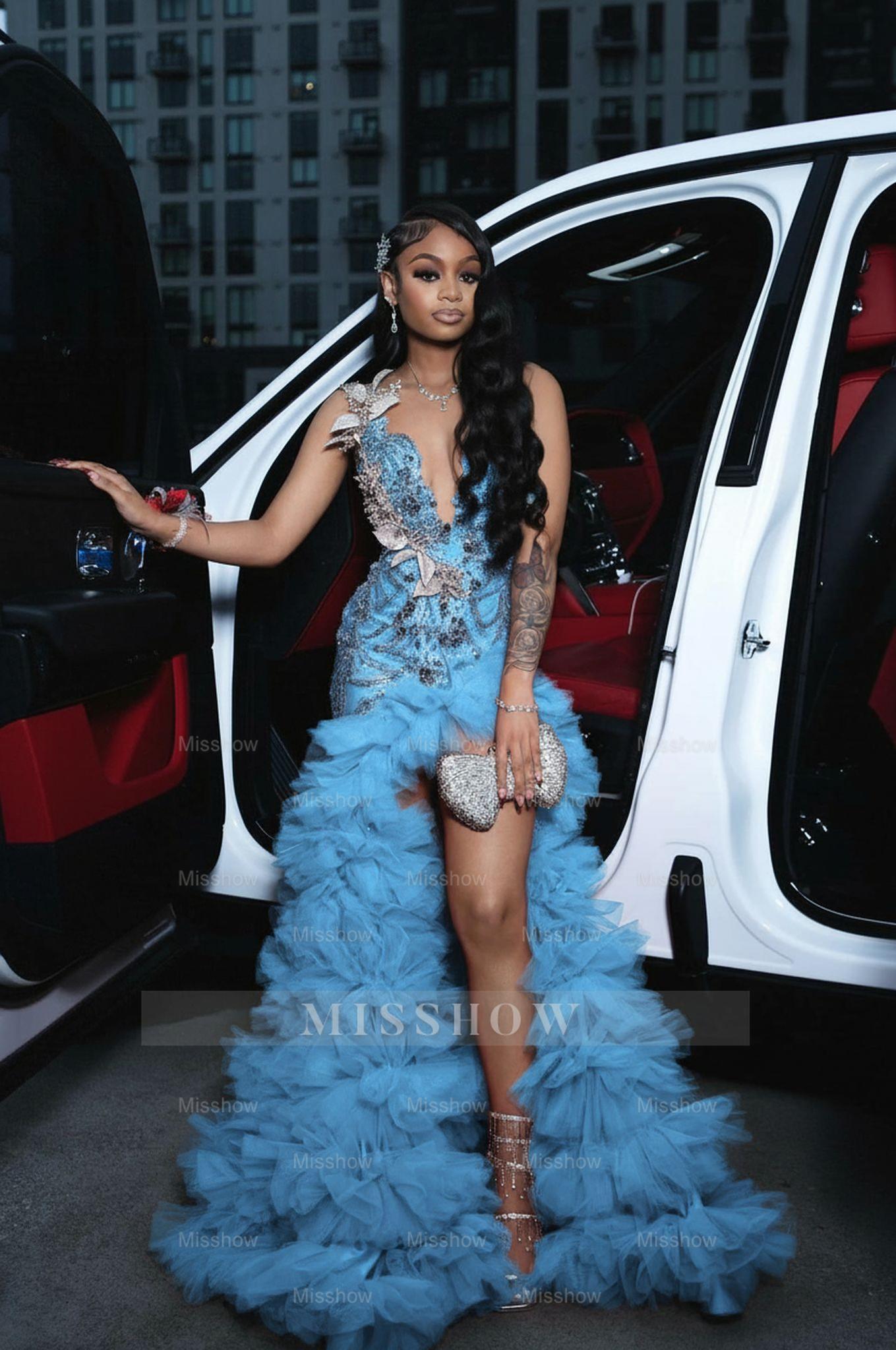 Sky blue scoop split-front A-line prom dress