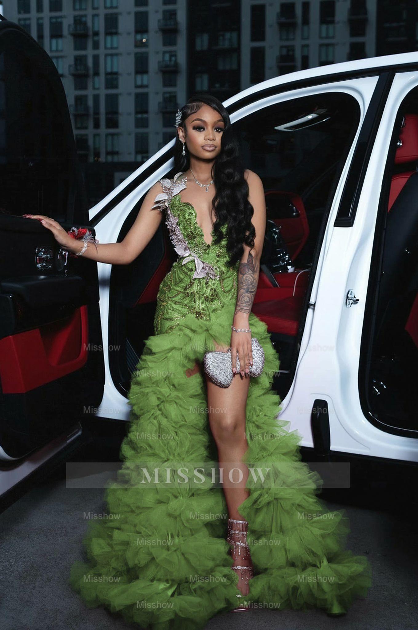 Green scoop split-front A-line prom dress