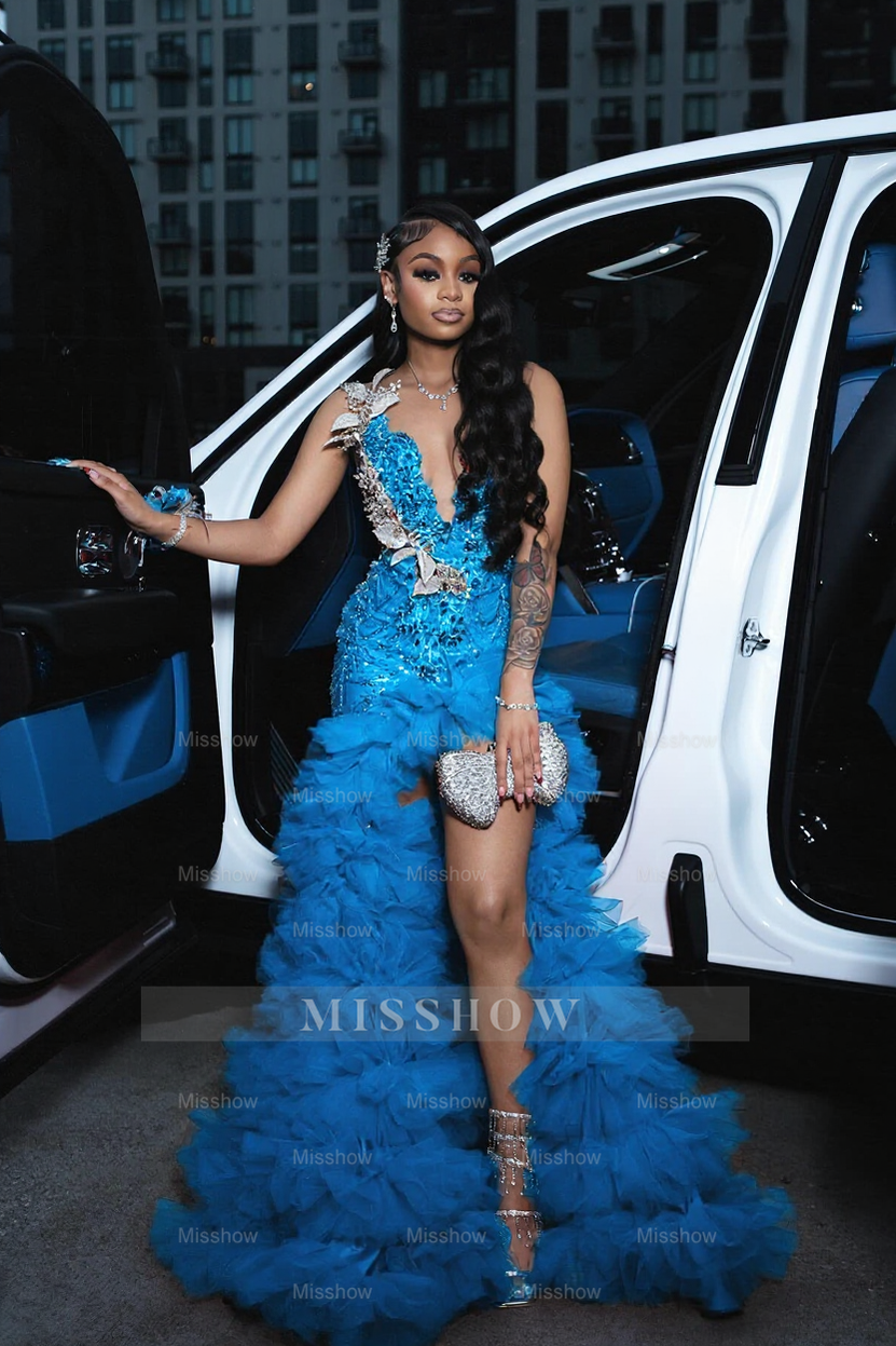 Peacock scoop split-front A-line prom dress