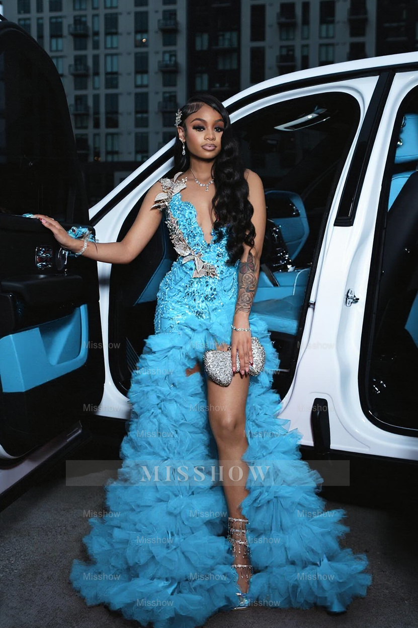 Pool scoop split-front A-line prom dress