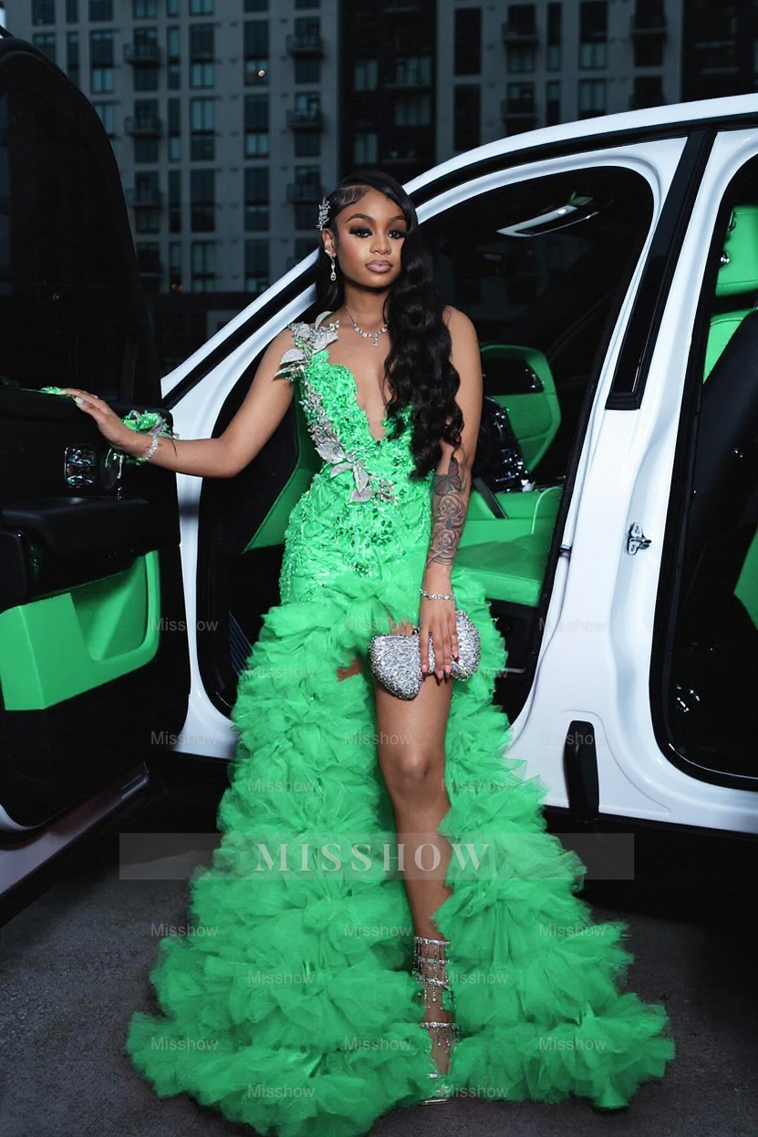 Mint green scoop split-front A-line prom dress