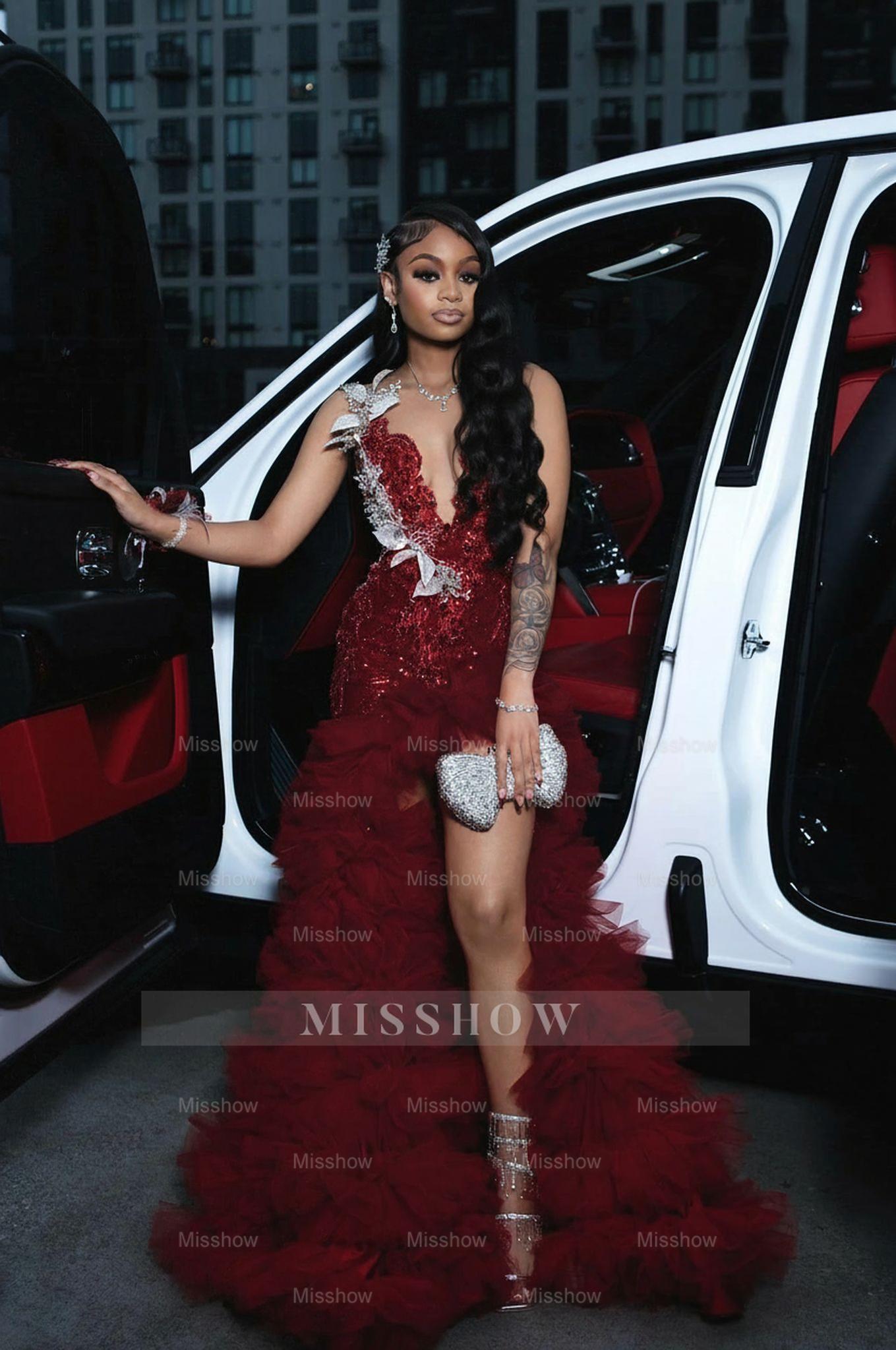 Burgundy scoop split-front A-line prom dress