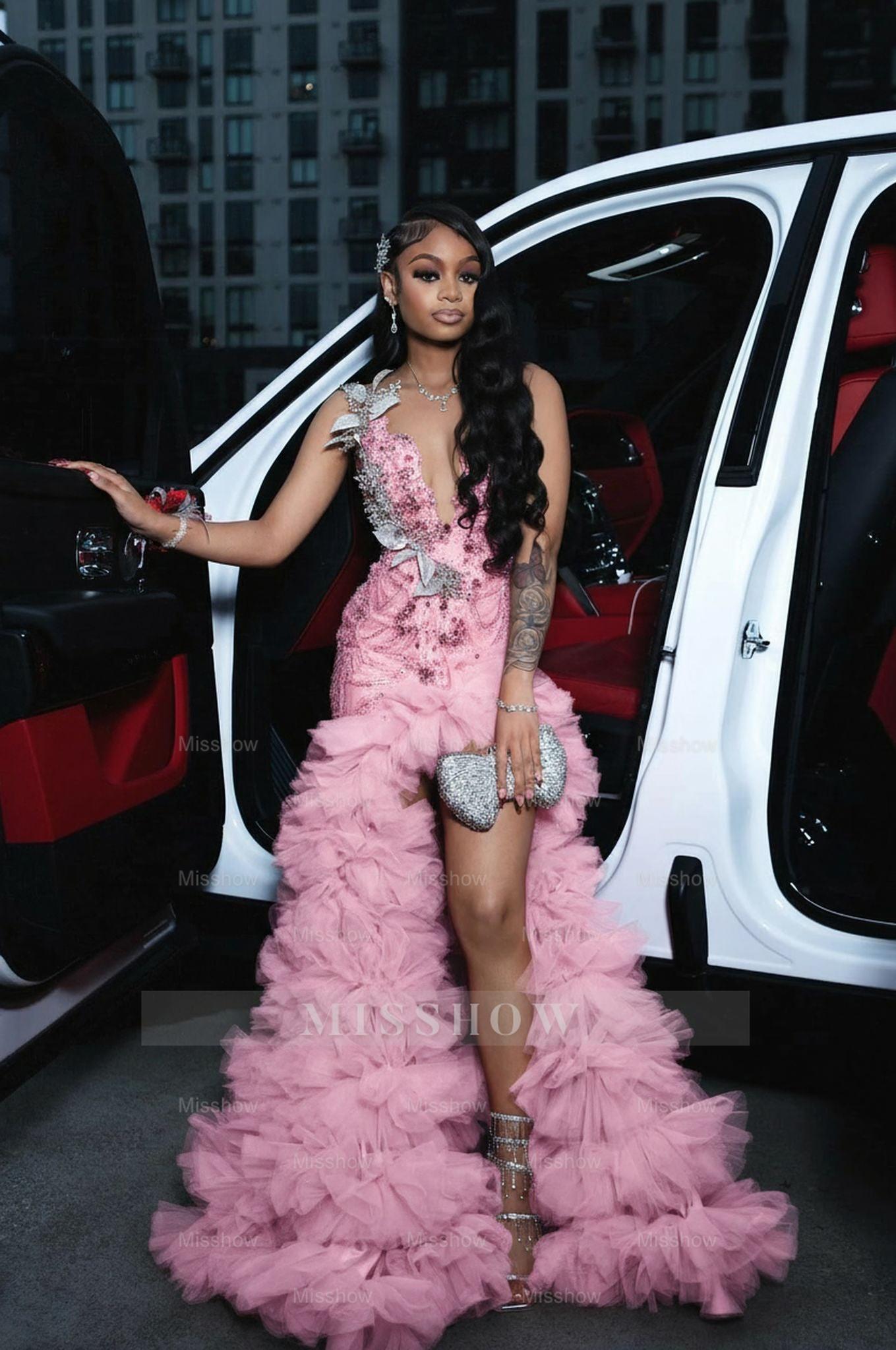 Pink scoop split-front A-line prom dress