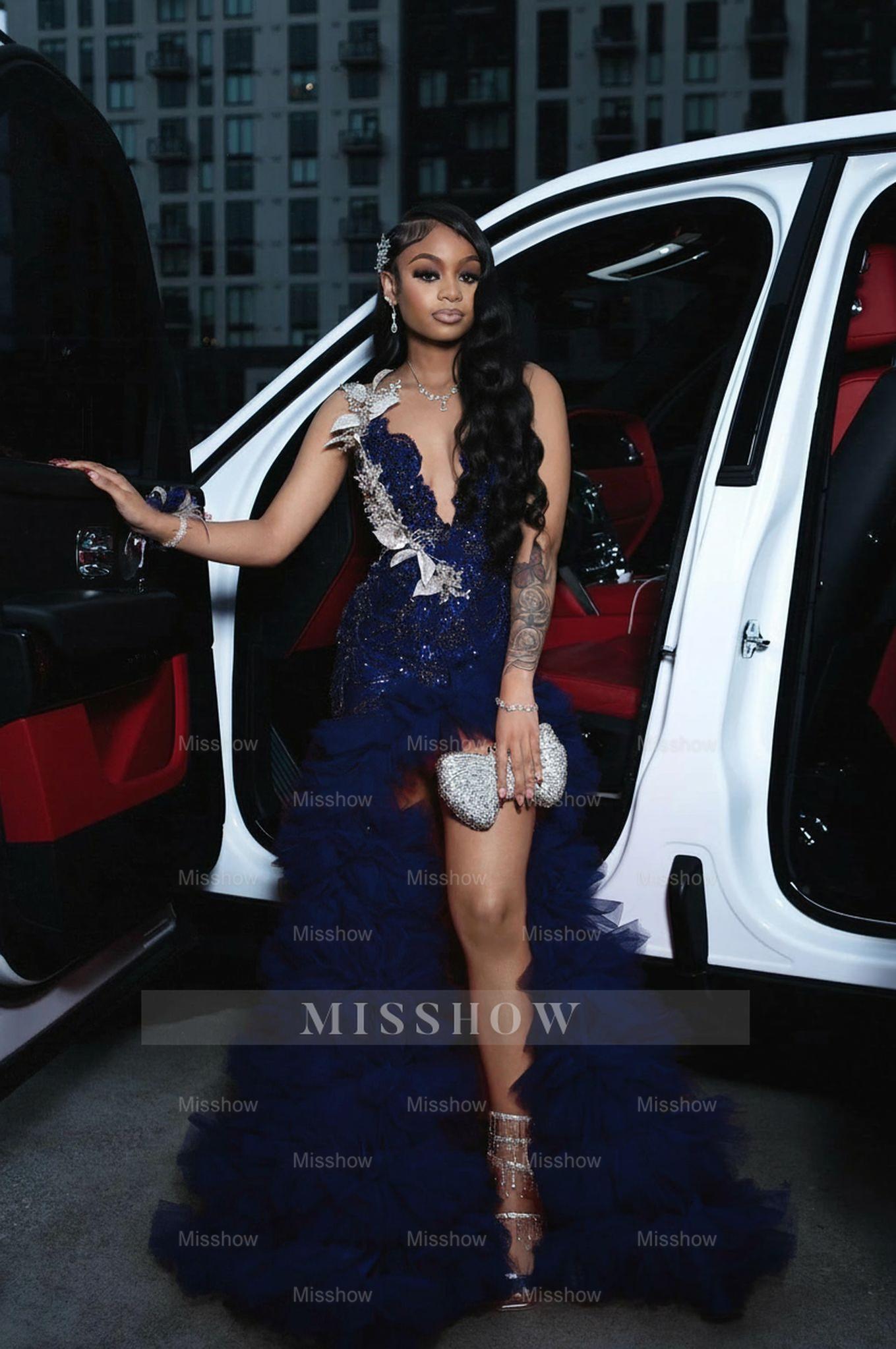 Dark navy scoop split-front A-line prom dress